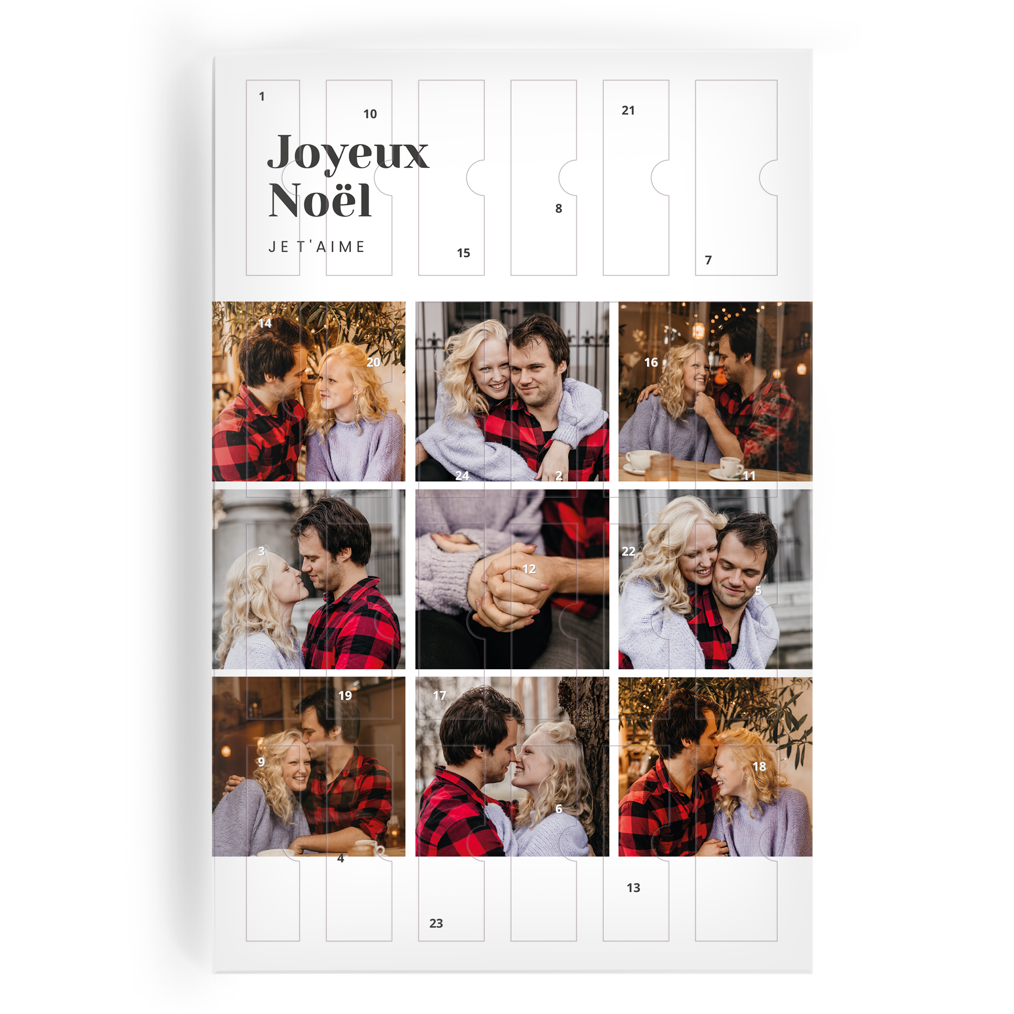 Calendrier de l'Avent personnalisé Joyeux Noël avec photos d'un couple et un message Je T'aime