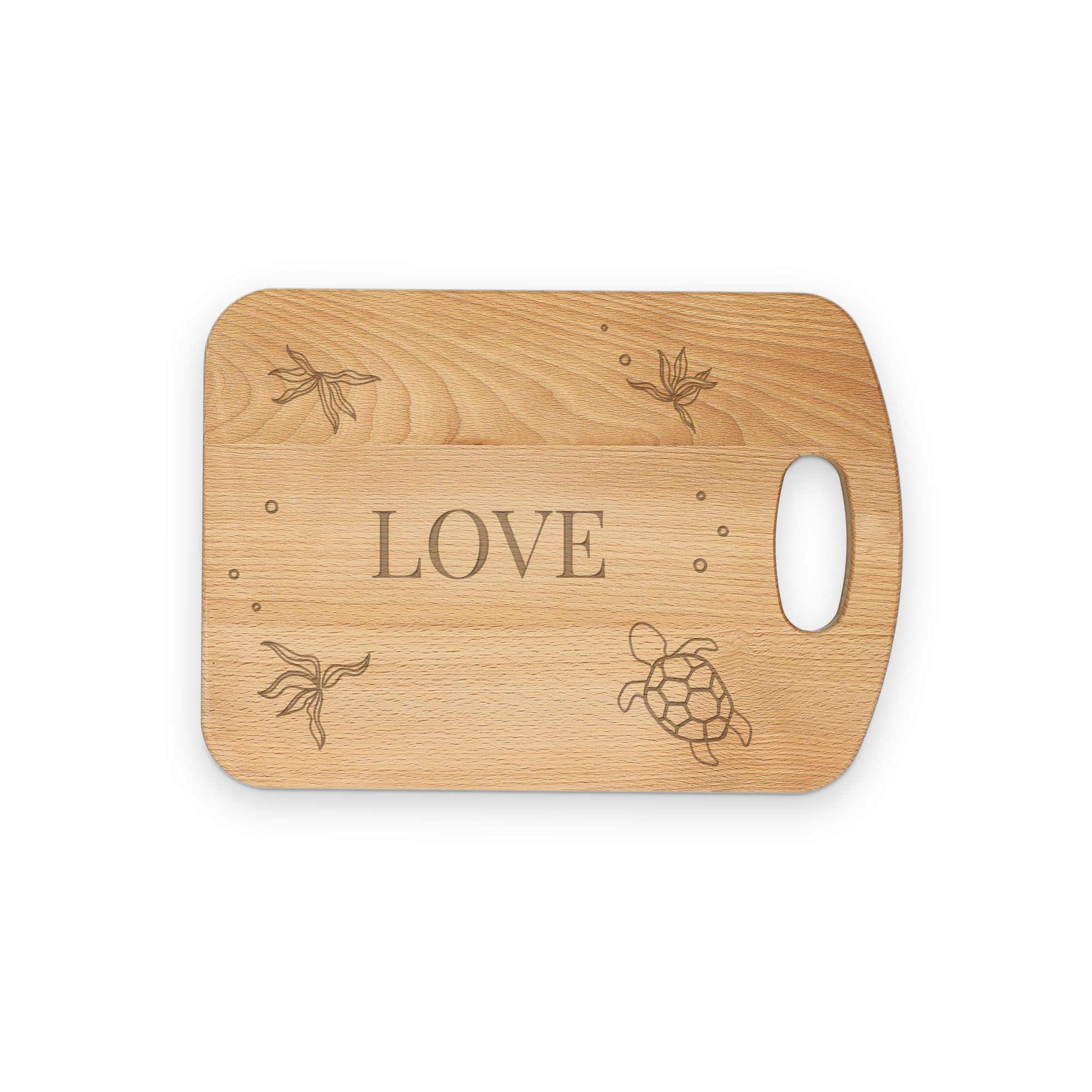 En inristad träbrödskiva med namnet LOVE och havsdjur, den bästa presenten.