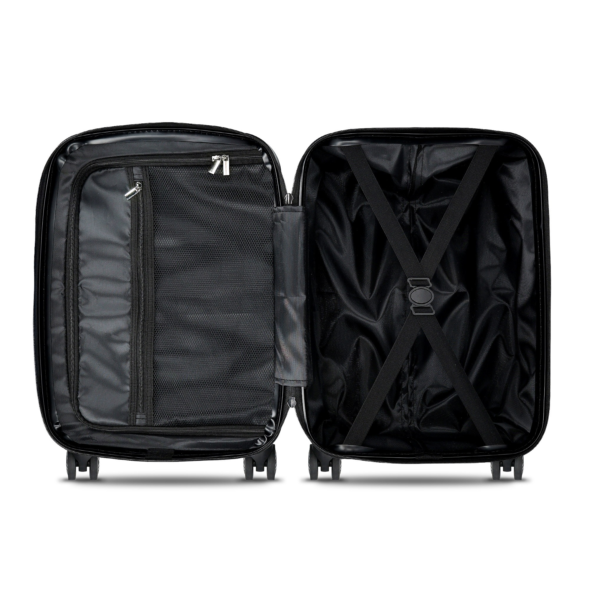 De open zwarte gepersonaliseerde fotokoffer - handbagage formaat, toont de binnenkant met ritssluitingen en riemen om spullen vast te zetten.