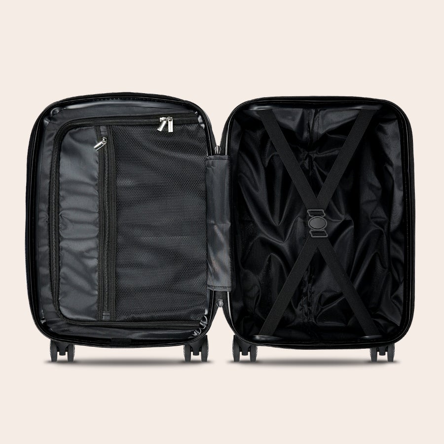 Personalised photo suitcase - Cabin size Open black Personalised photo suitcase - Cabin size interior with zippered mesh pocket and elastic straps