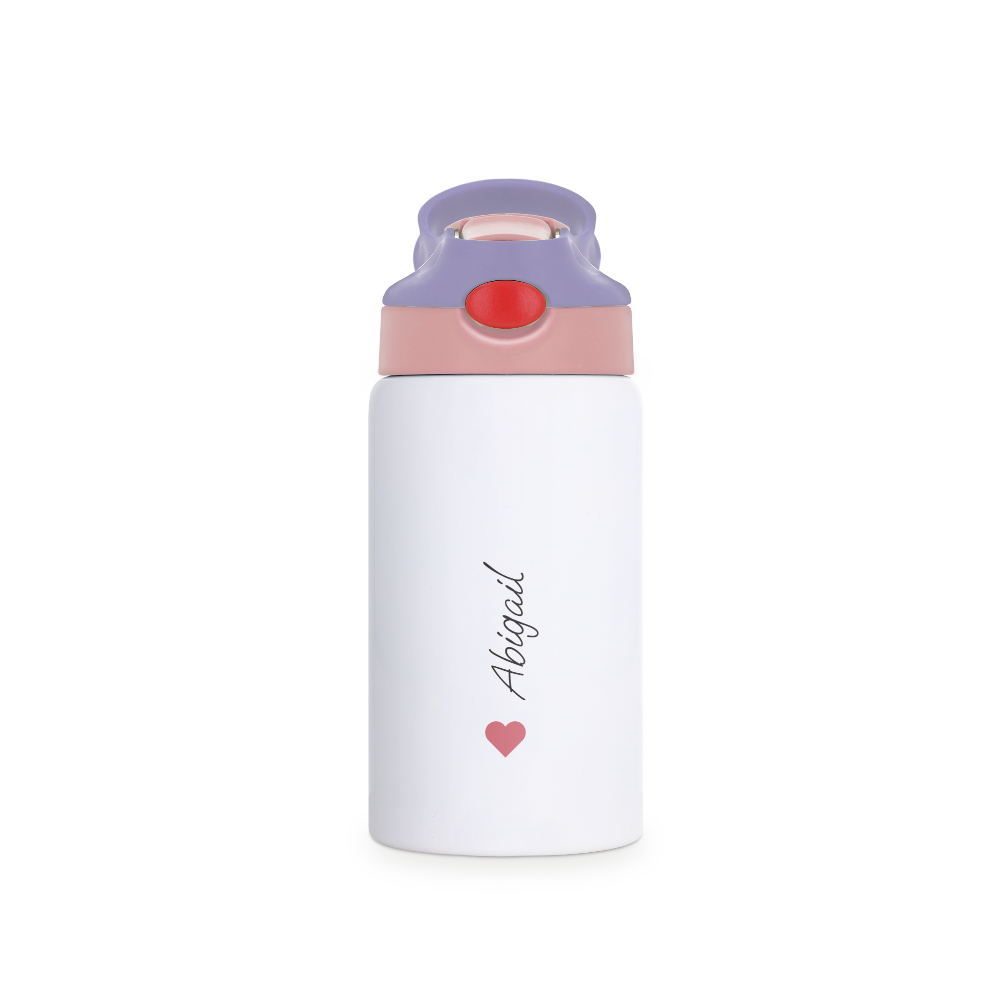 Garrafa de água infantil personalizada, branca com tampa roxa e rosa, com o nome Abigail e um coração rosa impresso. Torne a hidratação divertida com uma garrafa só para eles!