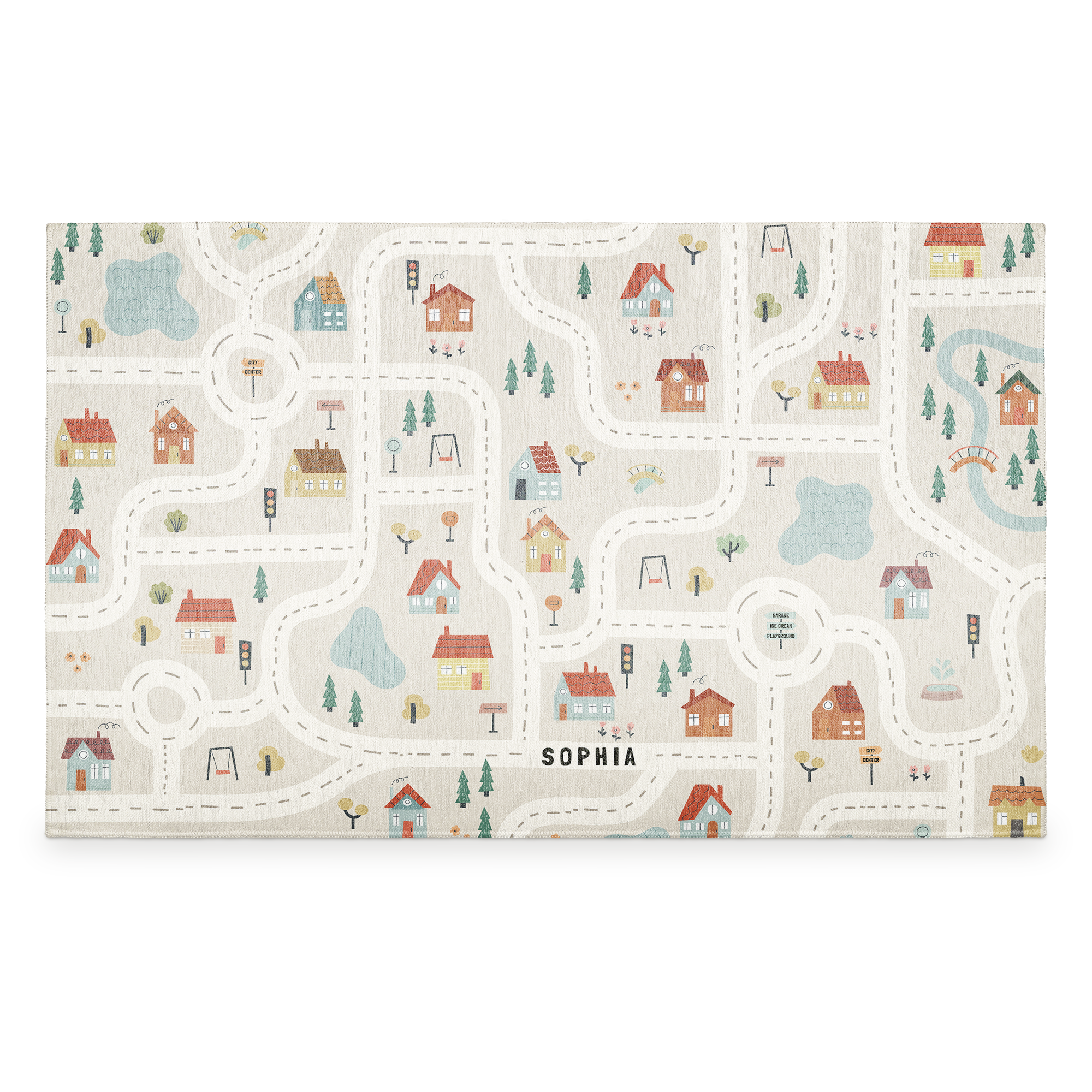 Personalised play mat with a village road map design printed with the name Sophia