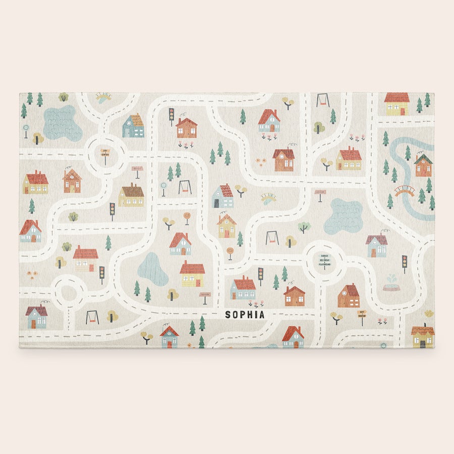 Tapete de jogos impresso Tapete de brincar personalizado com mapa da cidade impresso, casas coloridas e o nome Sophia