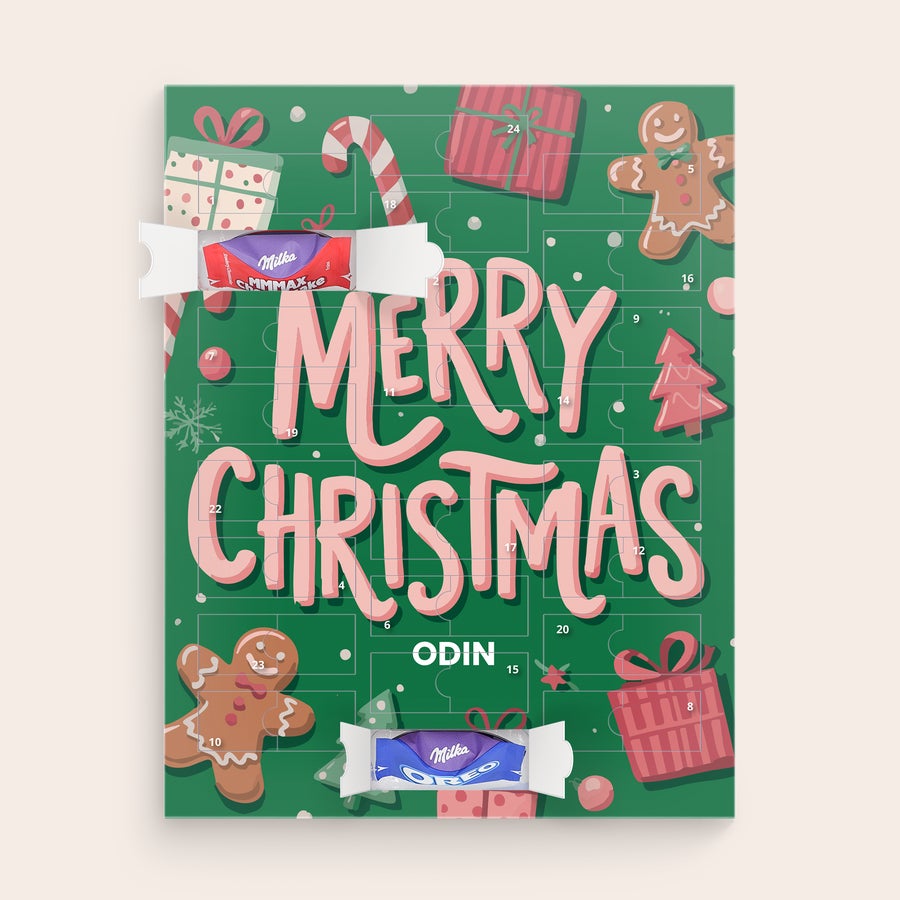 Adventskalender med bilde - Milka Favourites Personlig adventskalender med Milka sjokolade, navn Odin og teksten Merry Christmas for å telle ned til jul.