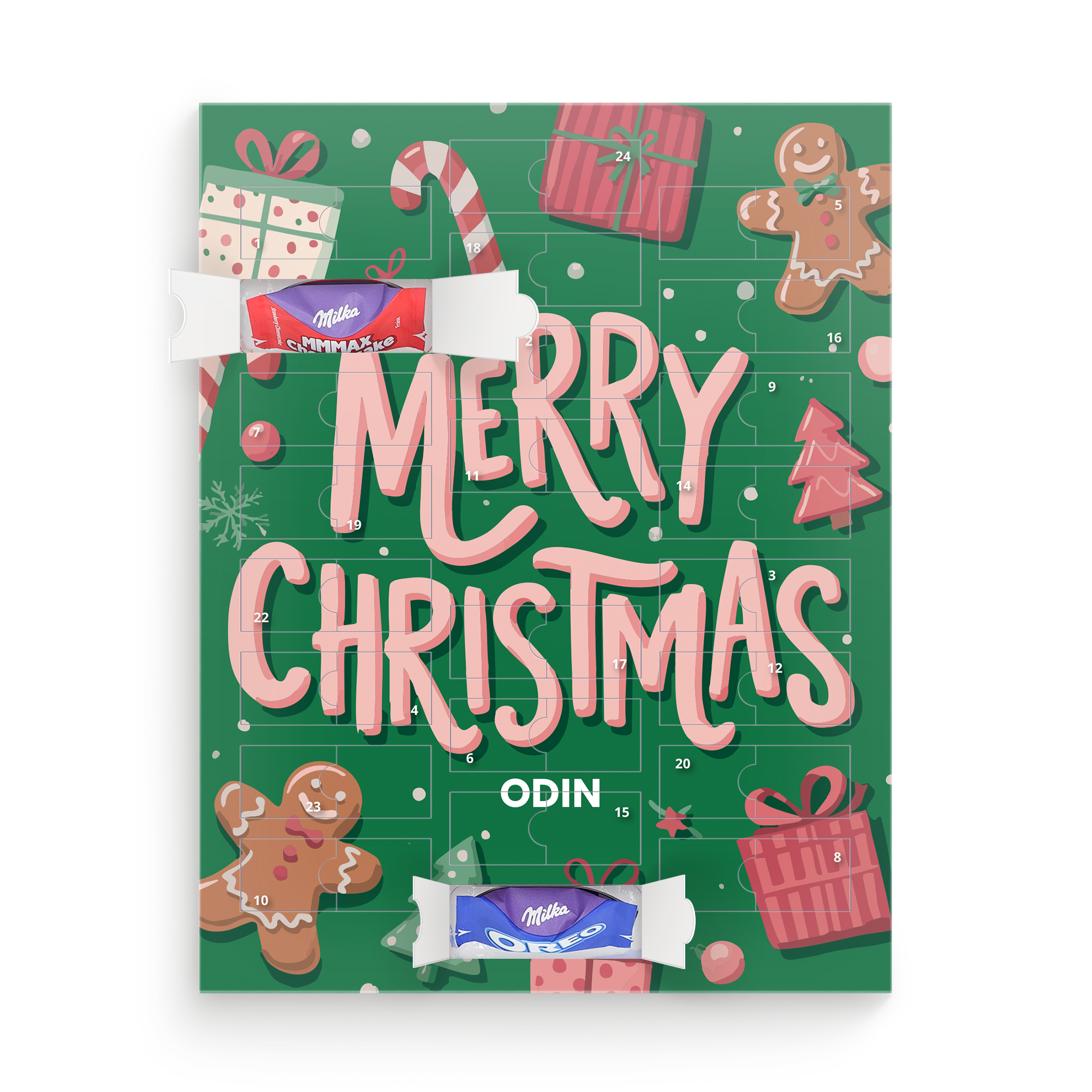 Personlig adventskalender med Milka sjokolade, navn Odin og teksten Merry Christmas for å telle ned til jul.