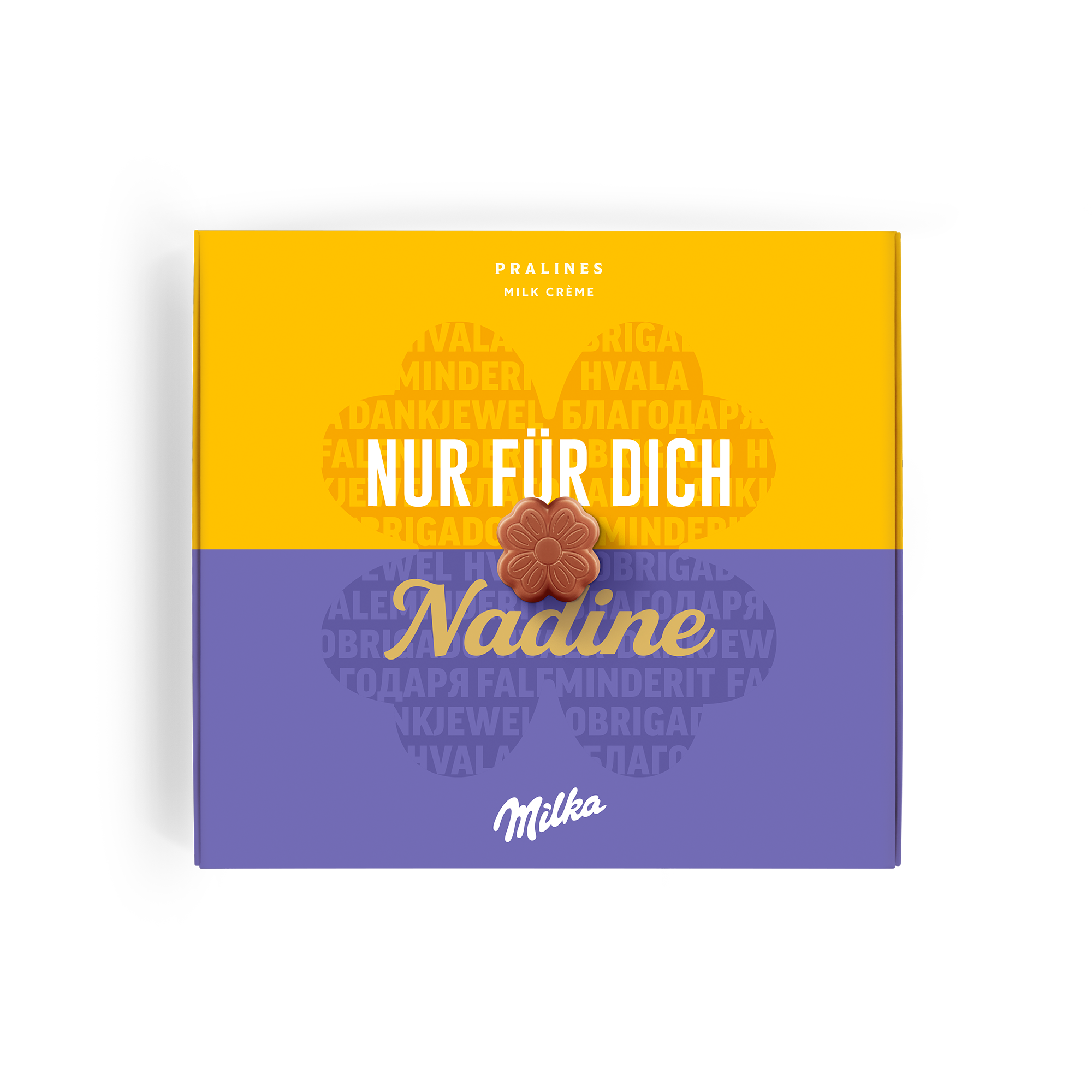 Personalisierte Milka Pralinenbox als Dankeschön zum Genießen, bedruckt mit dem Namen "Nadine" und "Nur für dich".
