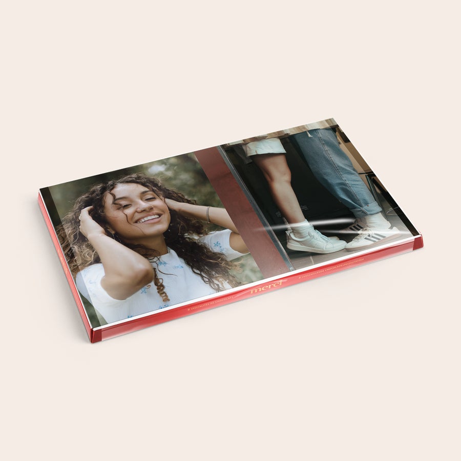 Personalisierte Merci Schokolade - Mit Grußkarte Merci Schokolade mit personalisierter Grußkarte 400 Gramm mit Foto einer lächelnden Frau
