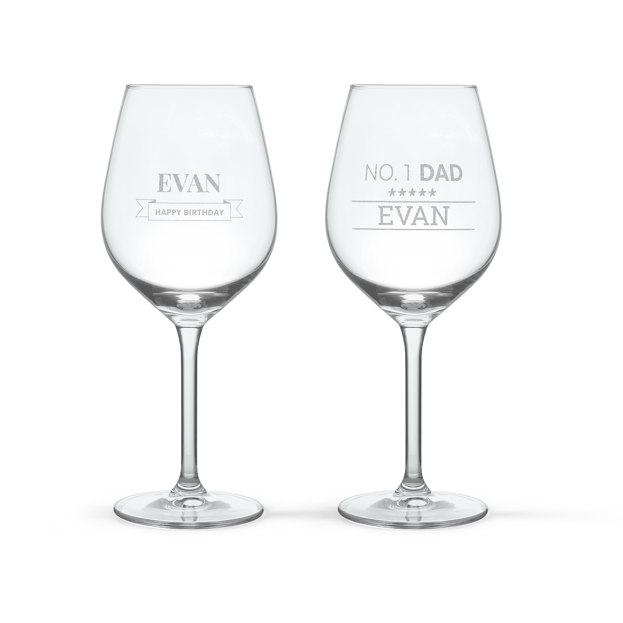 Duas taças de vinho personalizadas e gravadas, uma com "EVAN HAPPY BIRTHDAY" e outra com "NO. 1 DAD EVAN", para personalizar uma caixa de vinho de luxo e conjunto de taças de vinho.