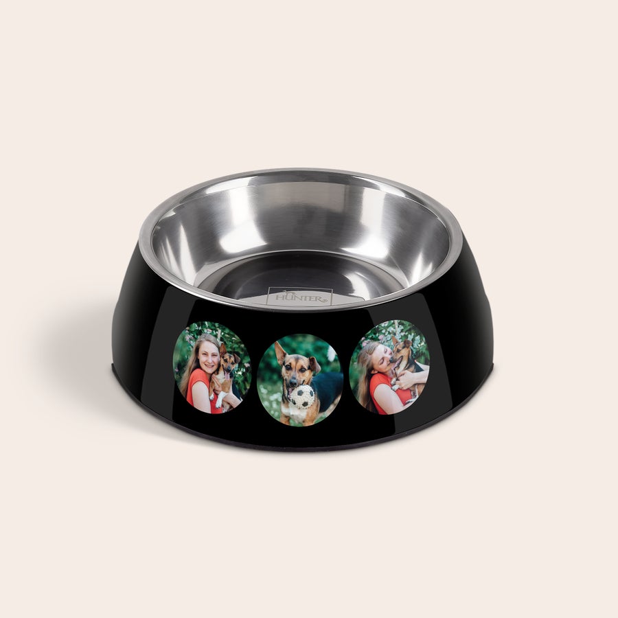 Castron pentru hrănirea câinilor Bol de hrănire personalizat negru pentru câini, cu vas din oțel inoxidabil și trei fotografii imprimate la exterior