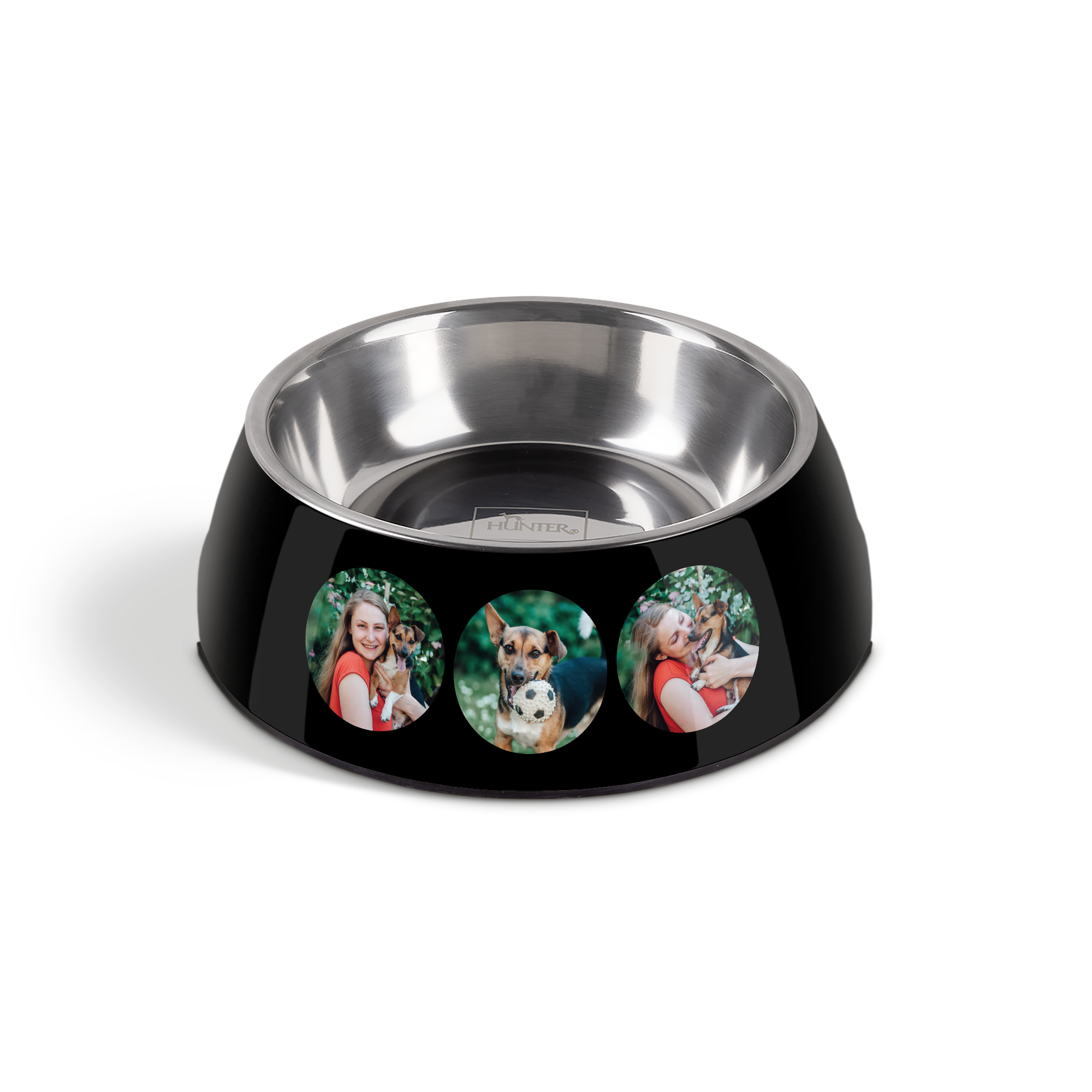 Gamelle noire en mélamine et inox personnalisée avec 3 photos de chien. Une gamelle personnalisée à son nom.