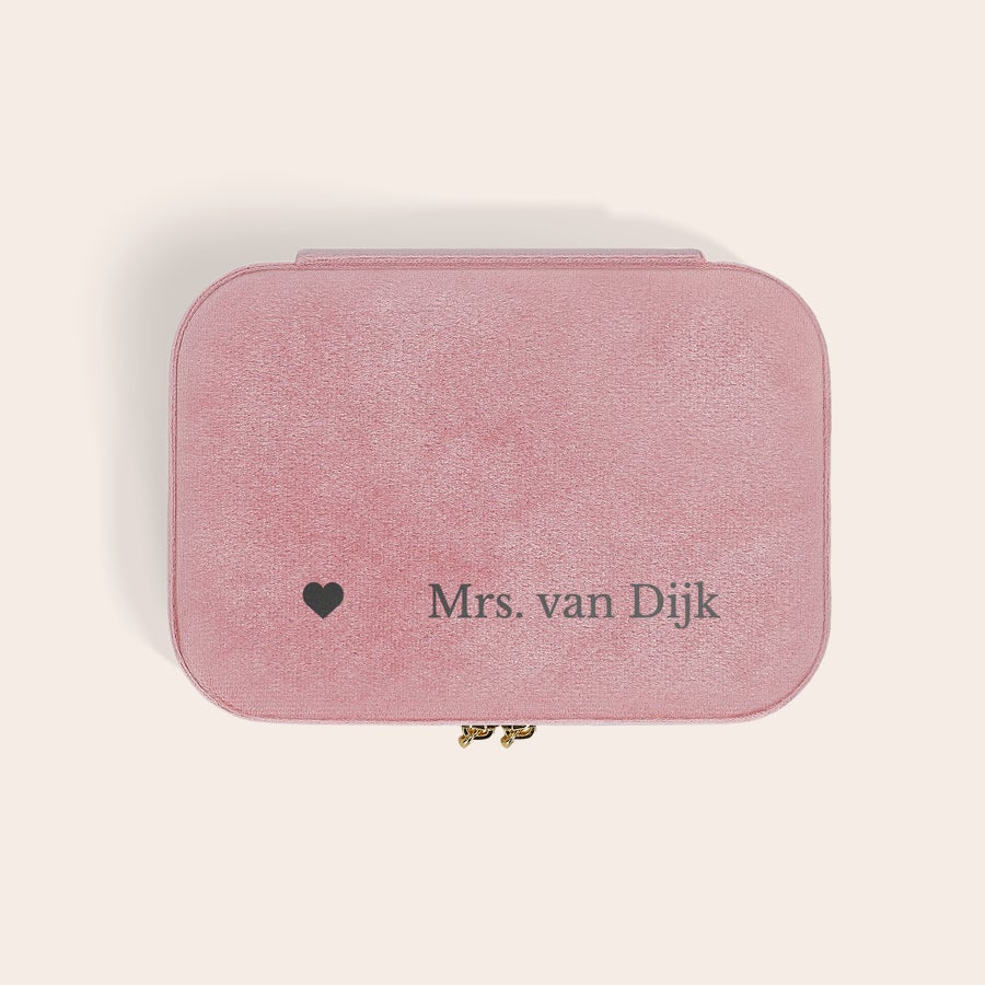 Gepersonaliseerde sieradendoos Gepersonaliseerde sieradendoos - Rechthoek - Roze met gouden rits, bedrukt met een hart en de naam Mrs. van Dijk