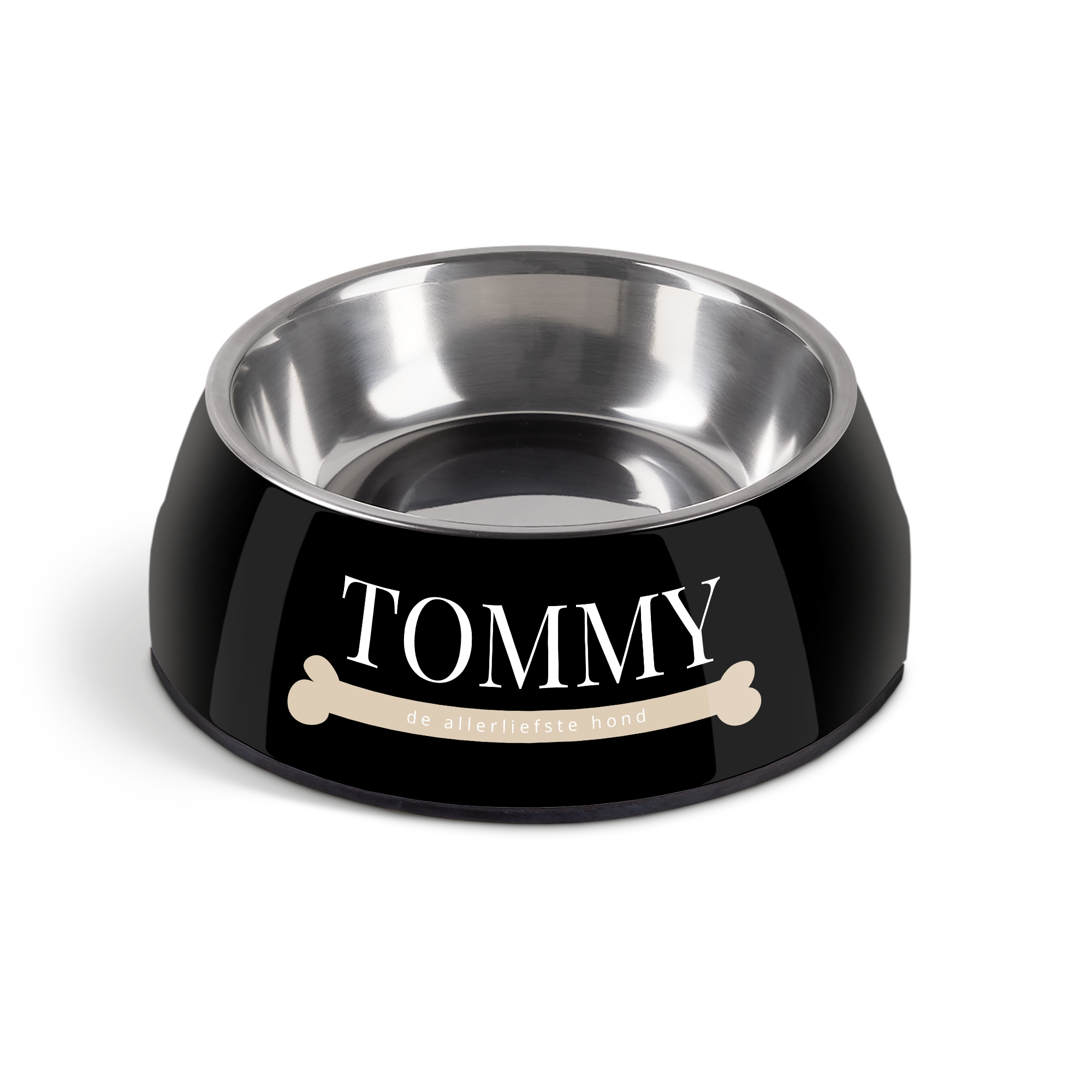Hondenvoerbak met naam - Zwart - 700 ml, met witte bedrukte naam Tommy en "de allerliefste hond" op een botje.
