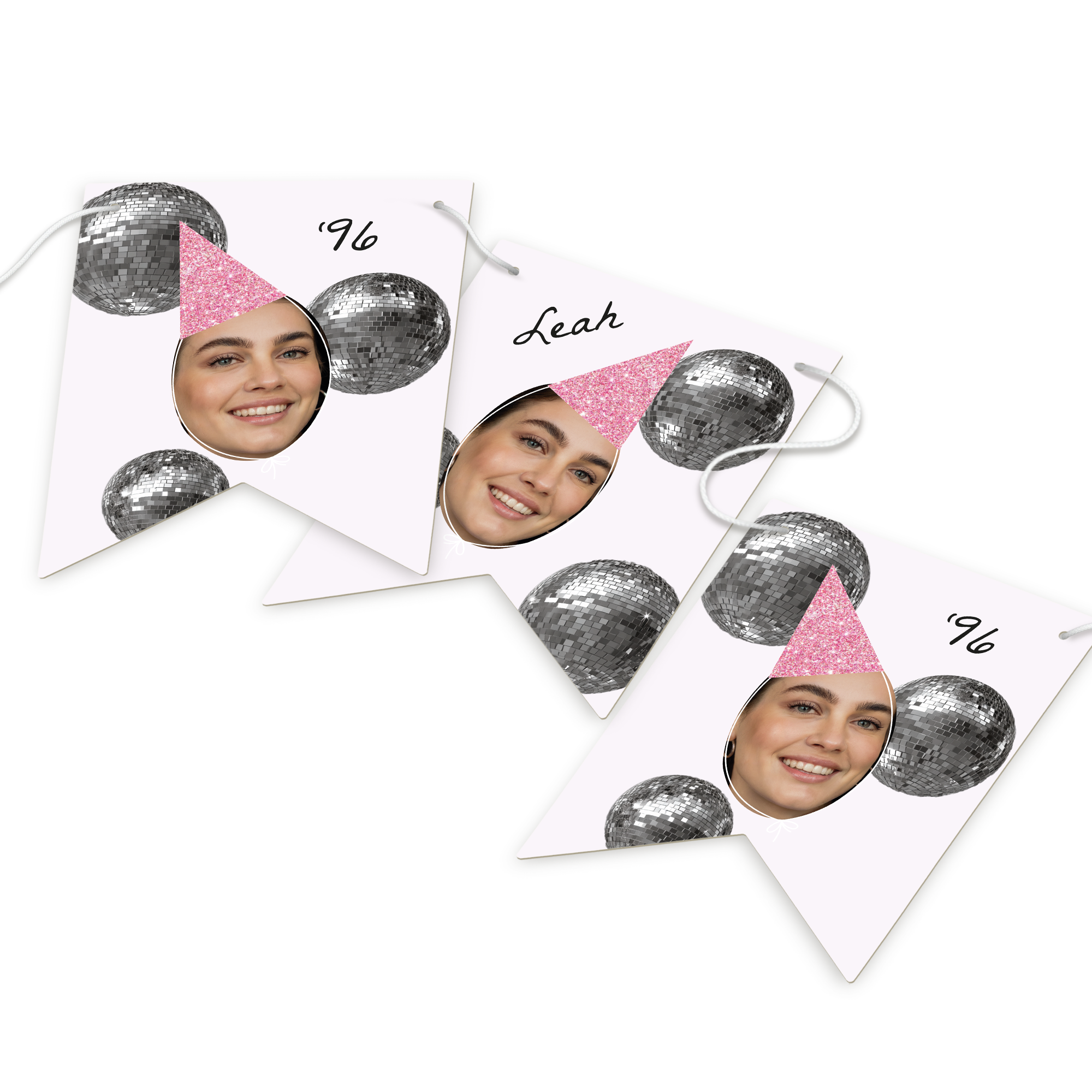 Personalised garland - Flag - M - 5m, custom printed with a photo wearing a pink party hat, the name Leah, and the number 96, alongside disco balls.