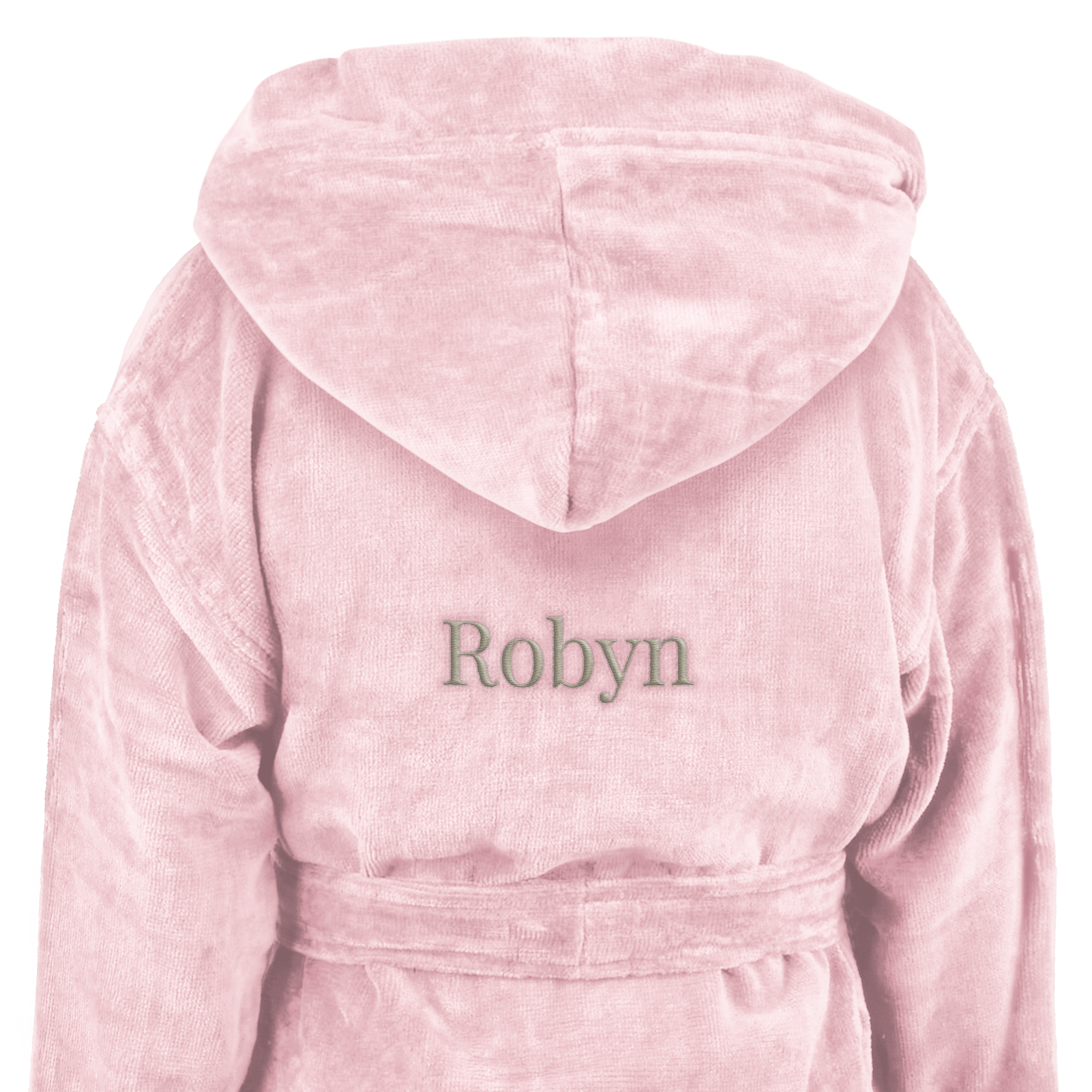 Pink soft personalised bathrobe for kids, embroidered with the name Robyn in green thread on the back