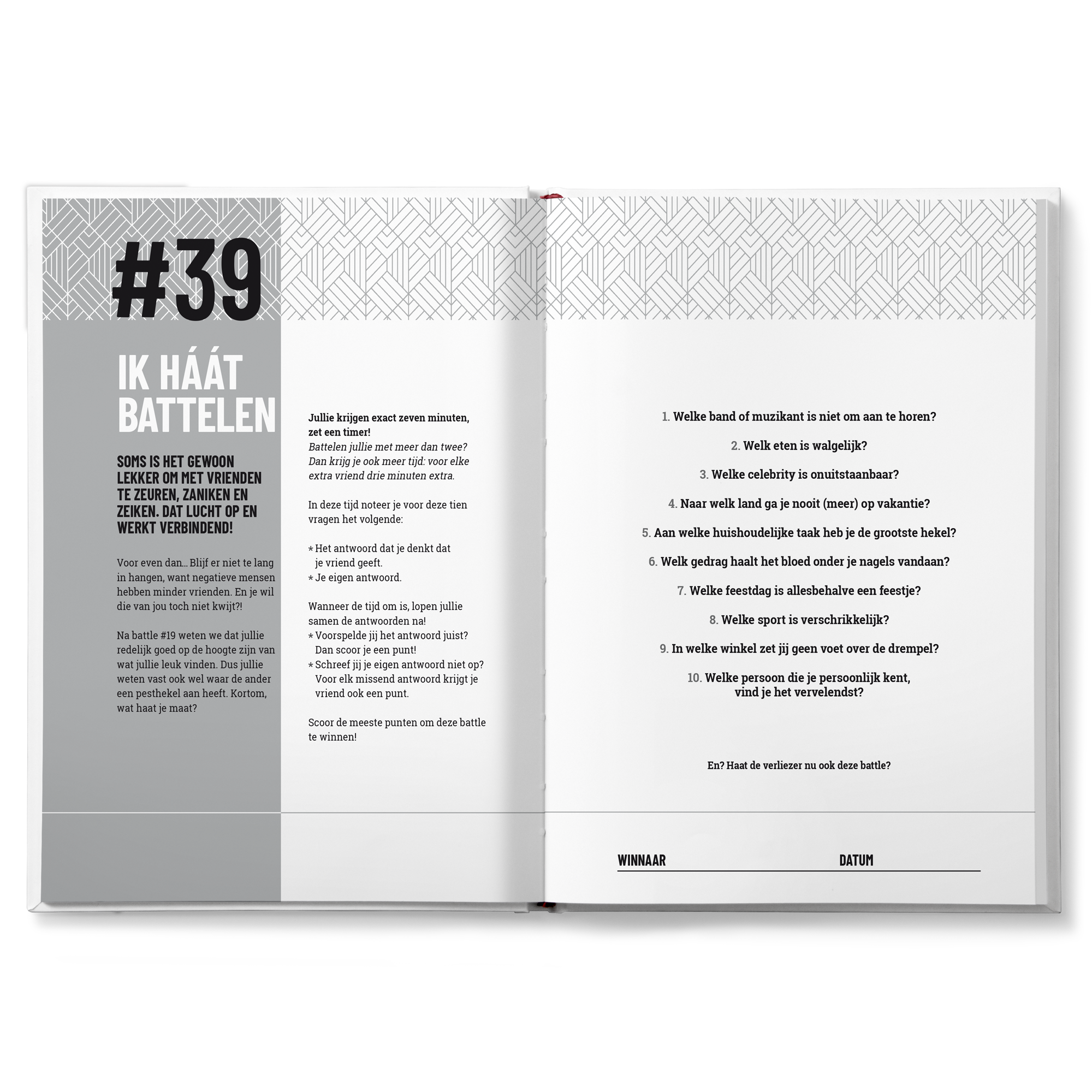 Openstaand Battle boek voor vrienden met pagina #39 I K H A A T BATTELEN en gedrukte quizvragen voor maatwerk vriendschapsbattles.