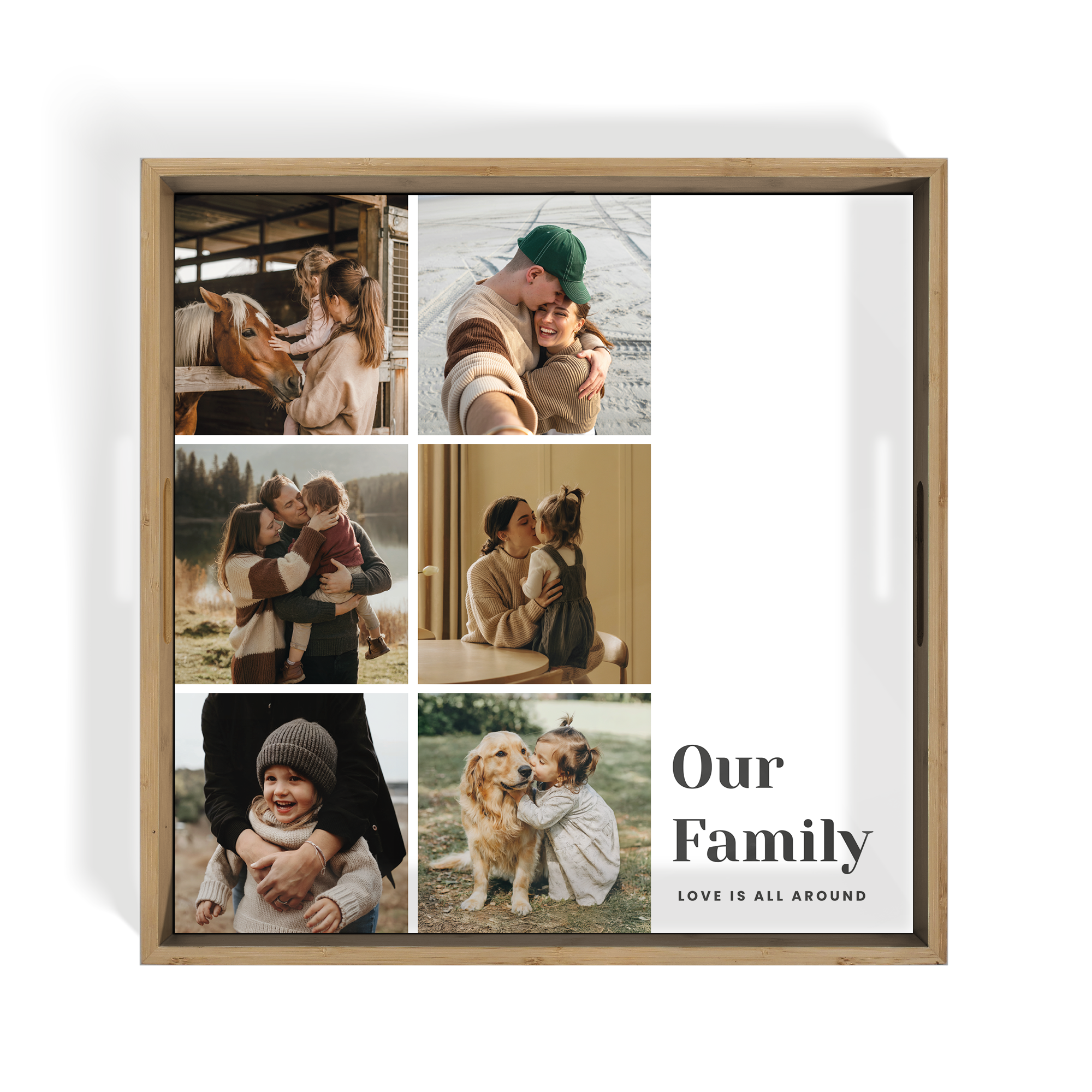 Personlig fotobricka - Kvadratisk - Trä - 40,5 x 40,5 cm med egna bilder och texten "Our Family Love is all Around" tryckt på.