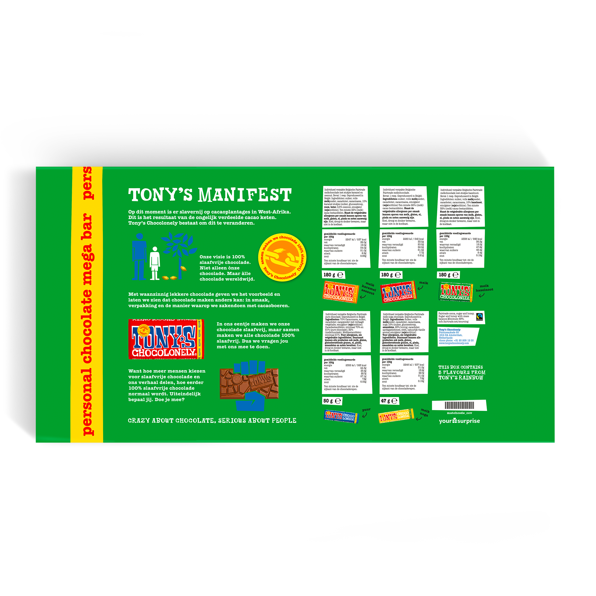 Groene verpakking van de gepersonaliseerde Tony's Chocolonely reep, bedrukt met tekst over slaafvrije chocolade en verschillende smaken.