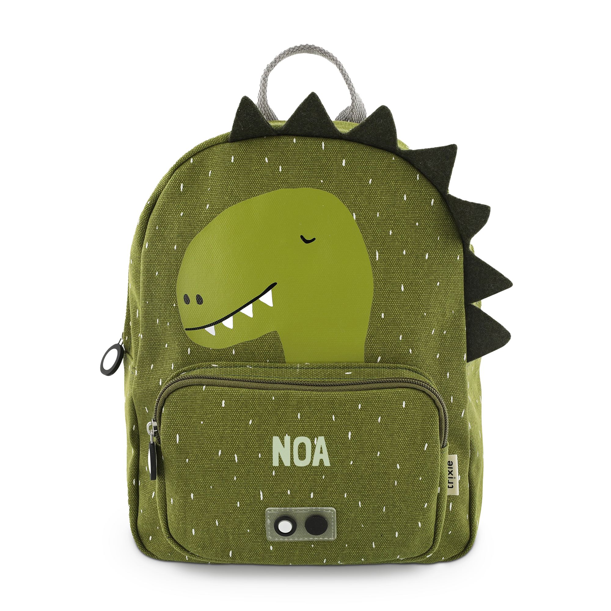 Sac à dos personnalisé enfant vert avec motif dinosaure et prénom Noa imprimé
