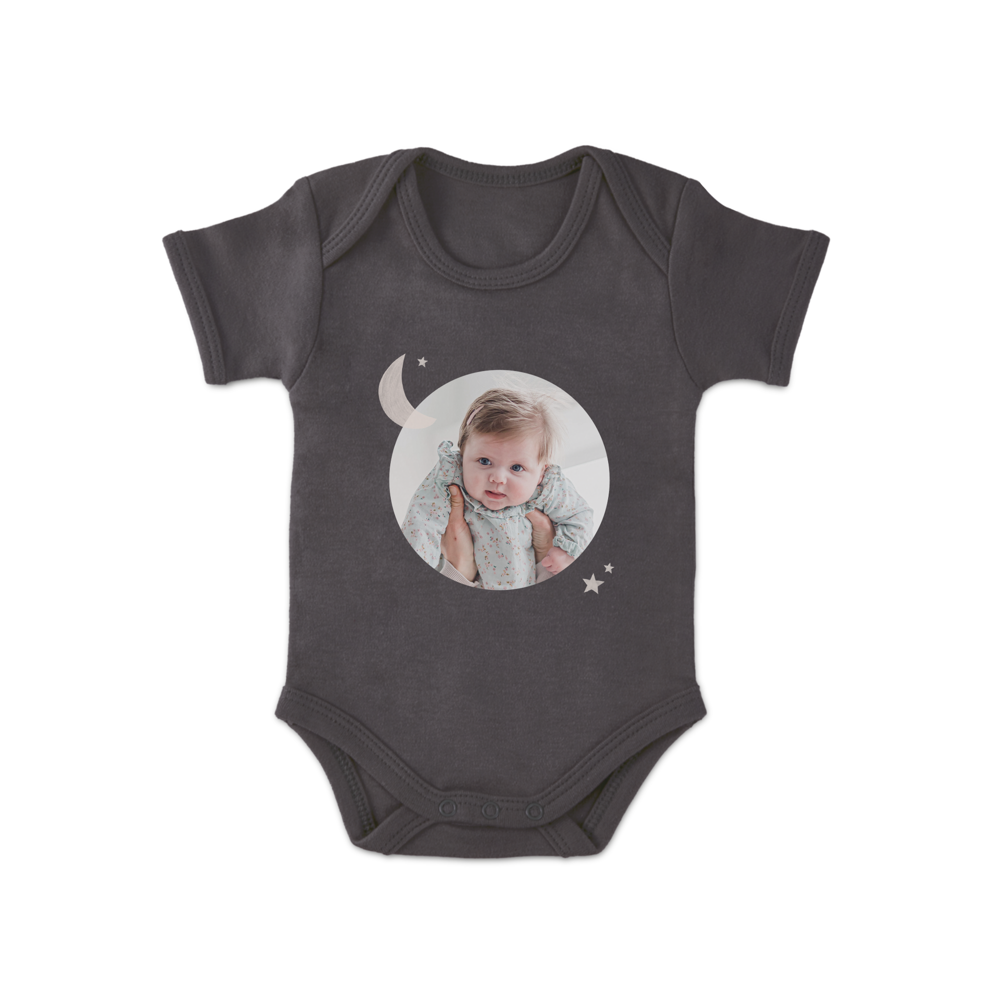 Body gris personnalisé pour bébé, imprimé avec une photo d'enfant, une lune et des étoiles, idéal pour créer votre propre body.
