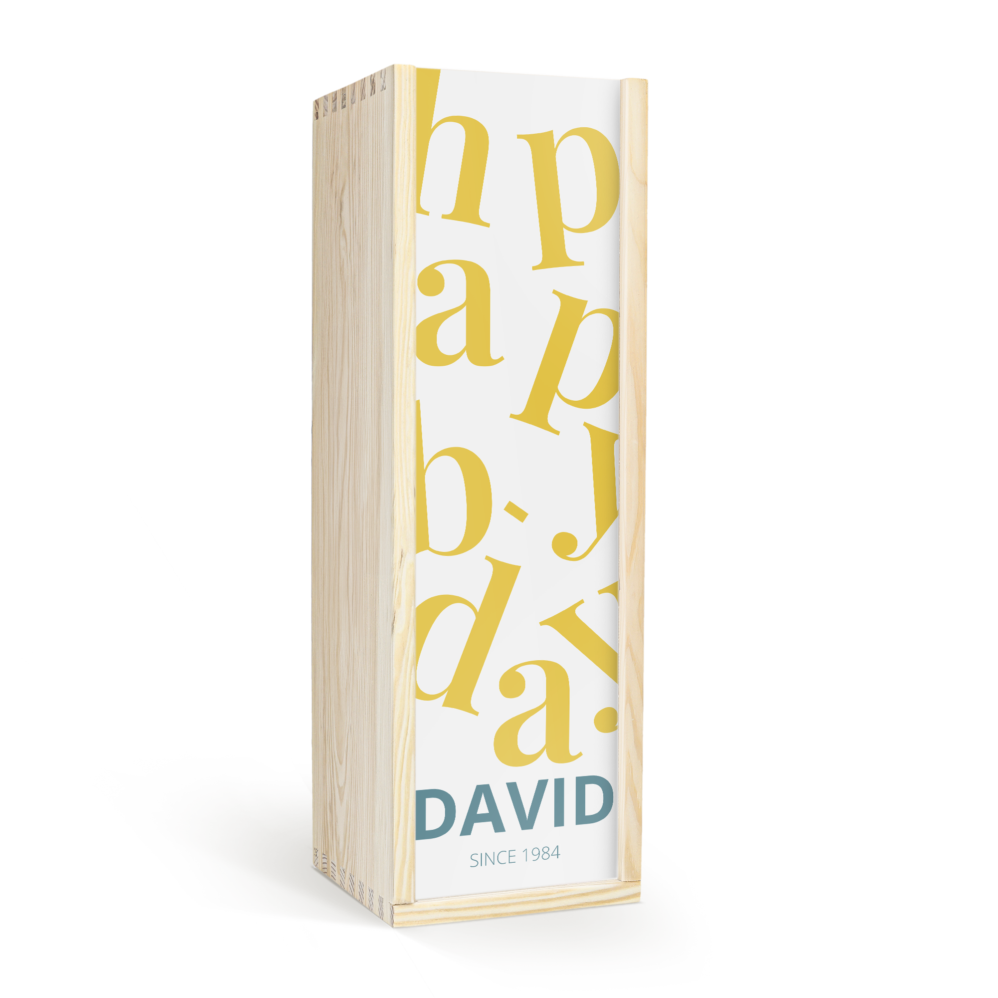 Drevená krabica na fľašu ginu s potlačou "Happy Birthday", menom David a rokom 1984.