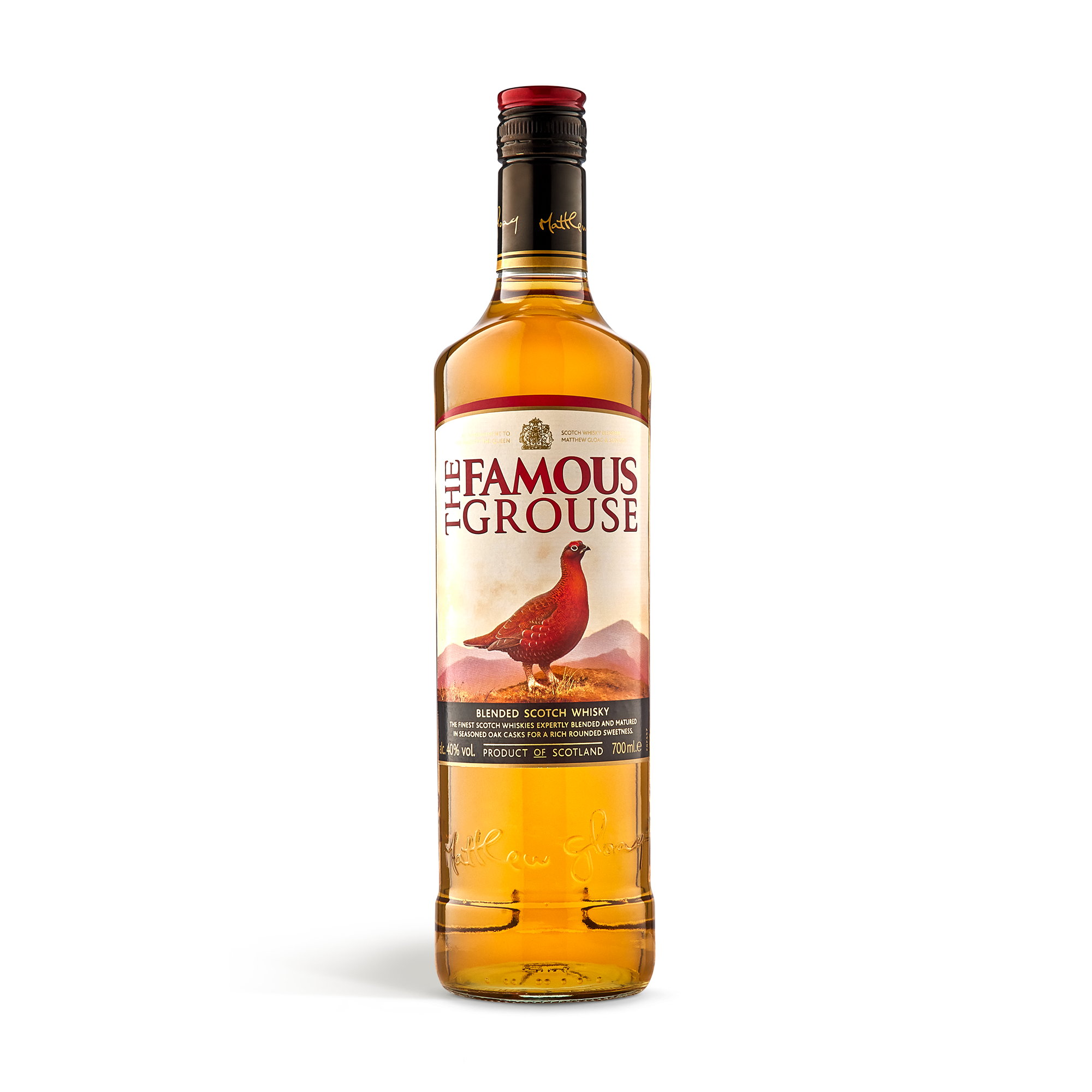 En dejlig flaske Famous Grouse Whisky i en træ kasse med brugerdefineret låg, trykt med dit design.