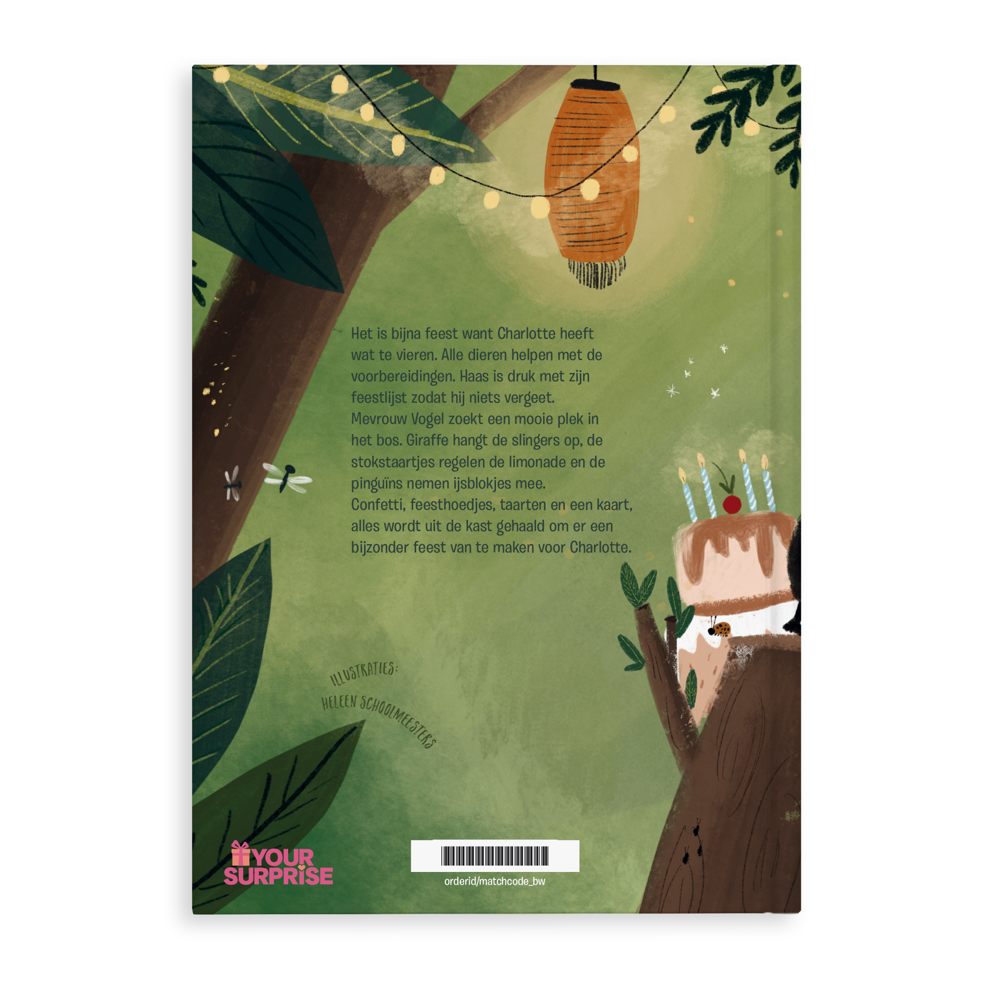 Het grote feestboek hardcover boek met naam, gepersonaliseerd met illustraties van een feest in het bos en de naam Charlotte