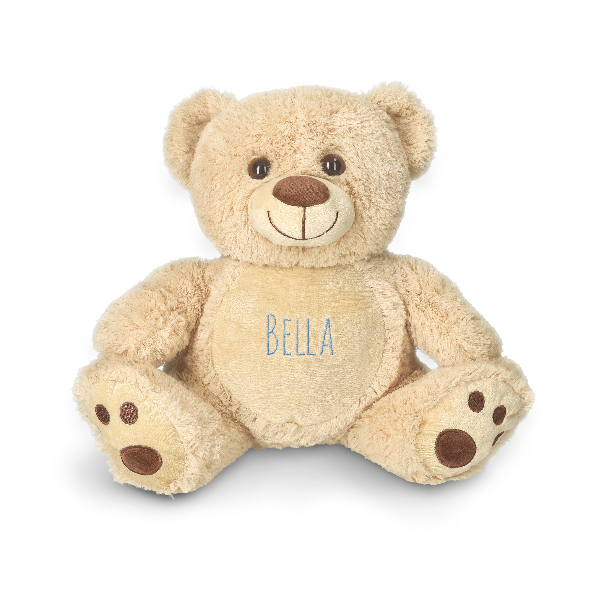 Beiger Teddybär, als ideales Geschenk zur Geburt, mit dem Namen 