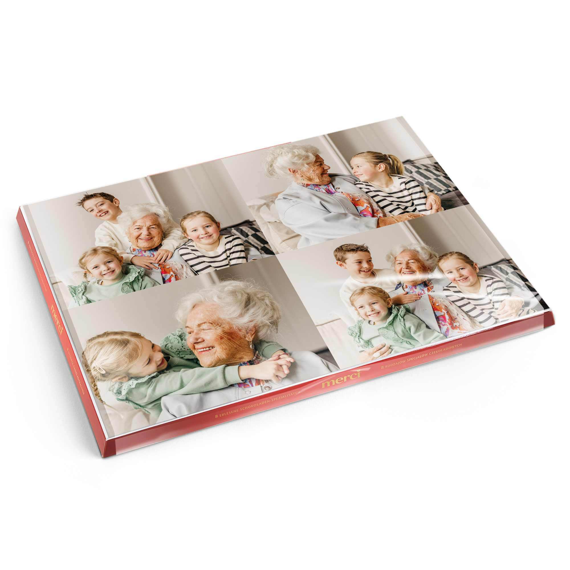 Merci Schokolade mit personalisierter Karte, bedruckt mit fünf Familienfotos von Kindern und Großmutter