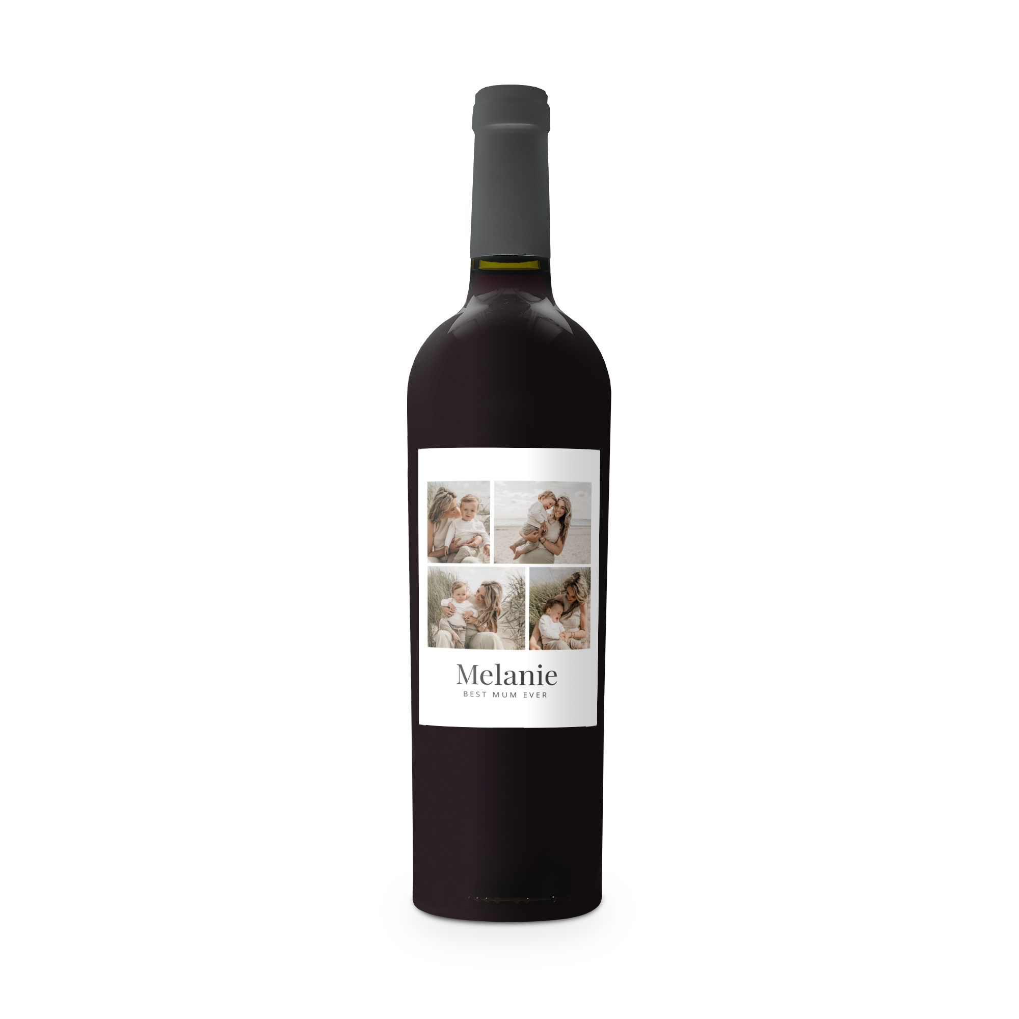Bottiglia di Vino Riondo Merlot con etichetta personalizzata stampata con 4 foto e il nome Melanie