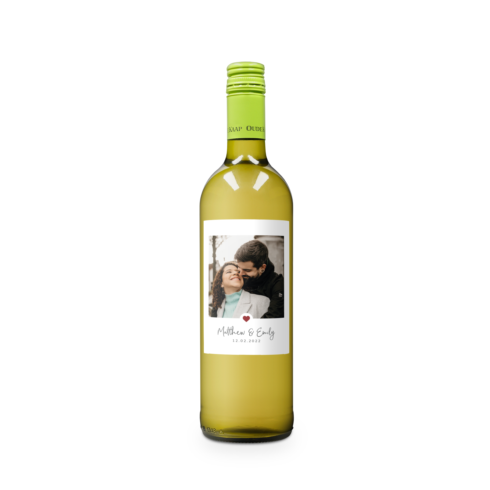 bottiglia di vino bianco Oude Kaap con etichetta personalizzata con foto di coppia, nomi e data