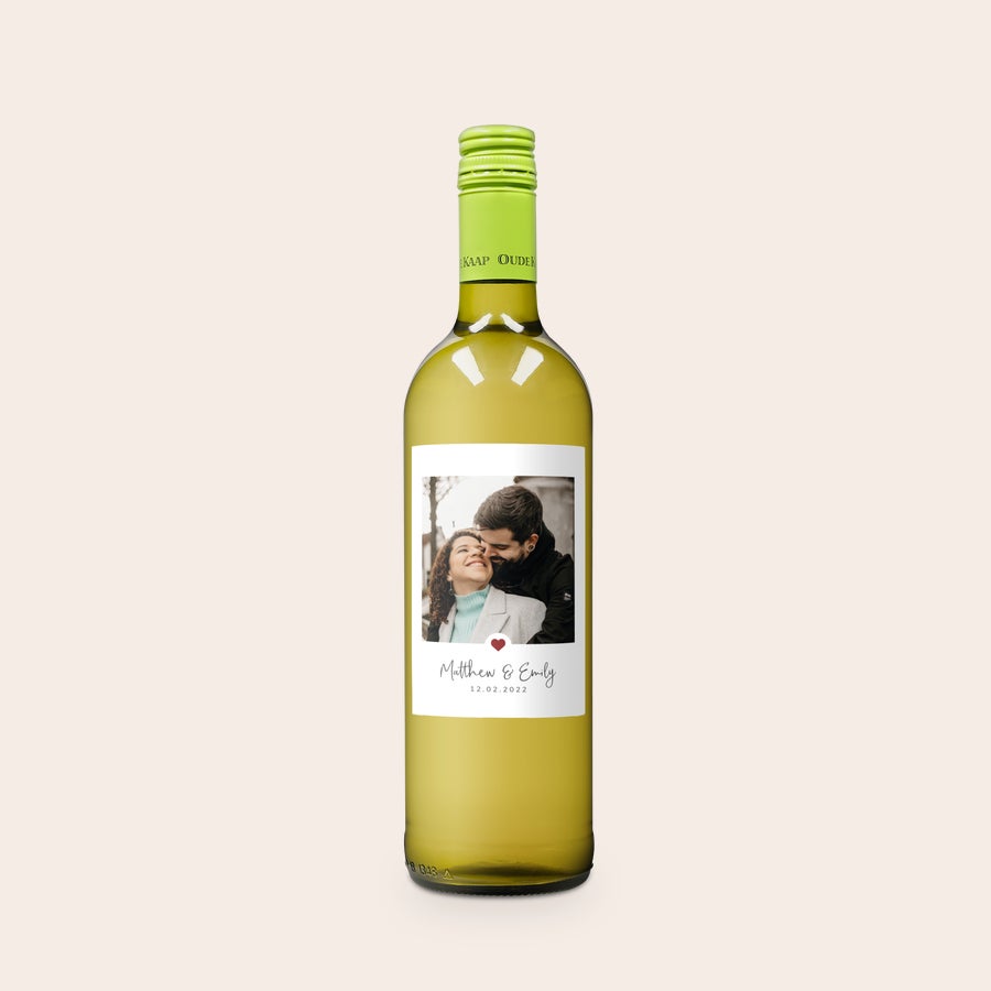 Personalised Wine - Oude Kaap Oude Kaap white wine bottle with a personalized photo and text label, featuring Matthew & Emily and a date, perfect to give as a gift