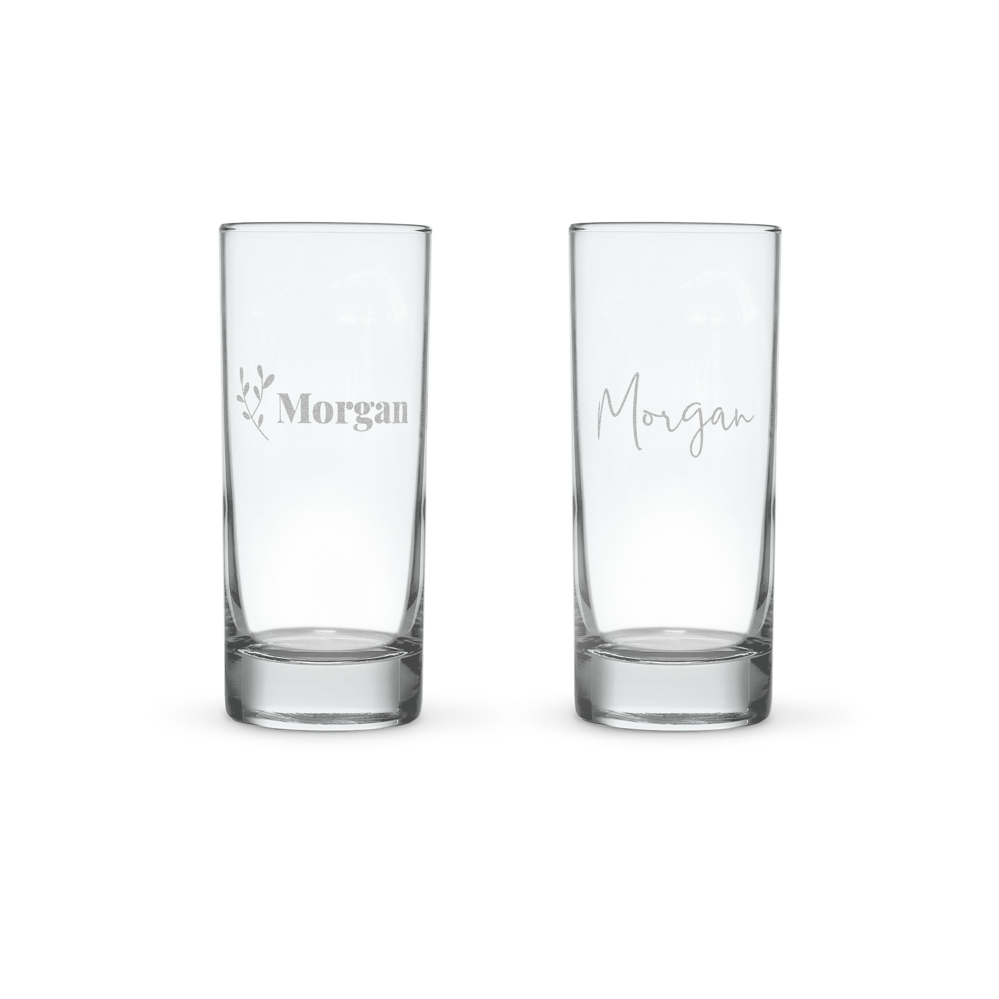 Set di due bicchieri highball incisi, ciascuno con il nome Morgan personalizzabile in due caratteri diversi