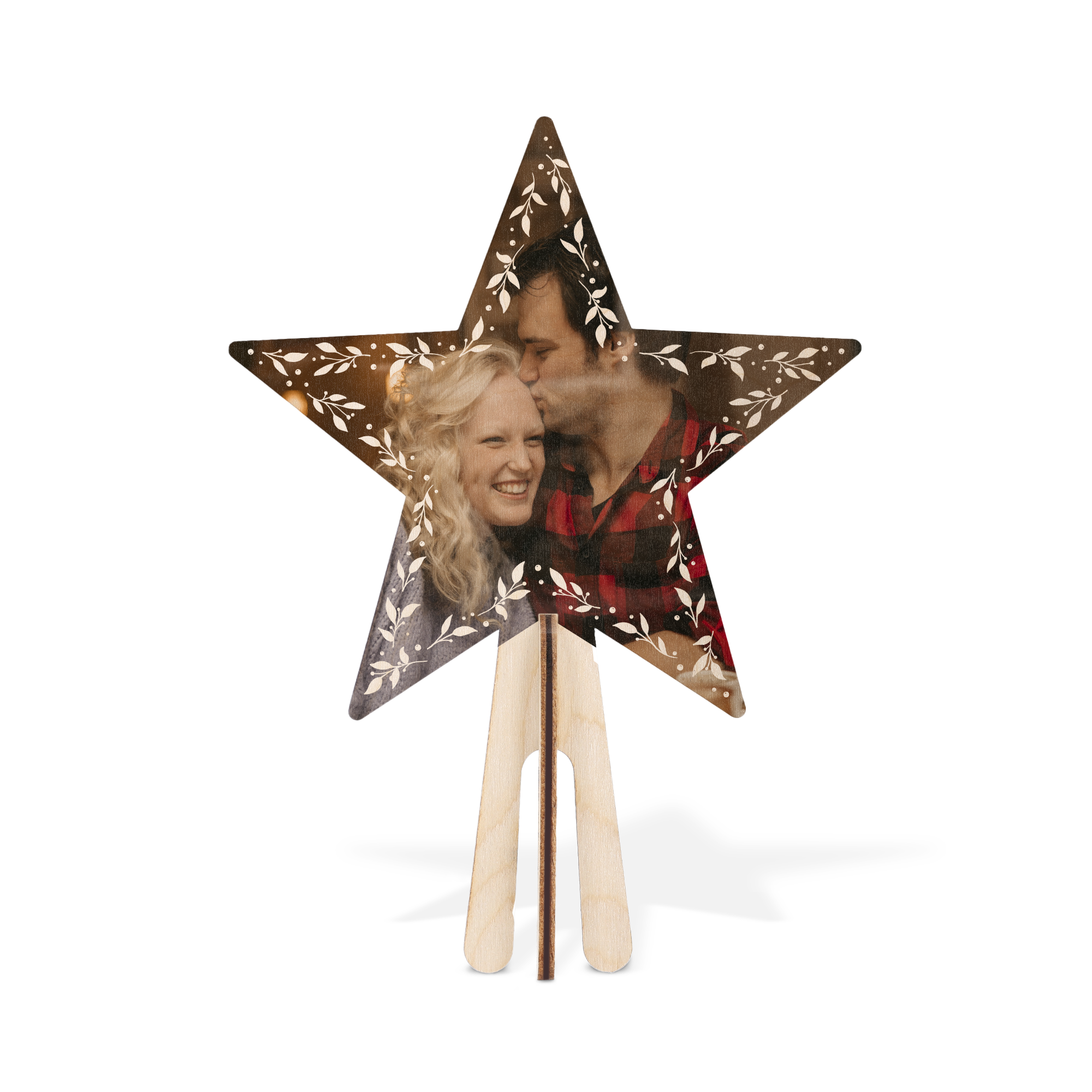 Puntale in legno personalizzato a forma di stella con foto stampata di una coppia sorridente, bordo floreale bianco per una magia natalizia duratura.