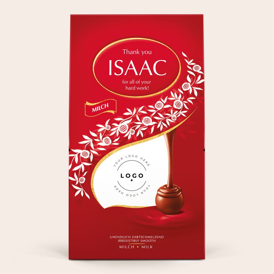 Darčekové balenie čokolády Lindt 1 kg Červená krabička Lindor mliečnej čokolády s nápisom Isaac a priestorom na personalizovanú fotku.