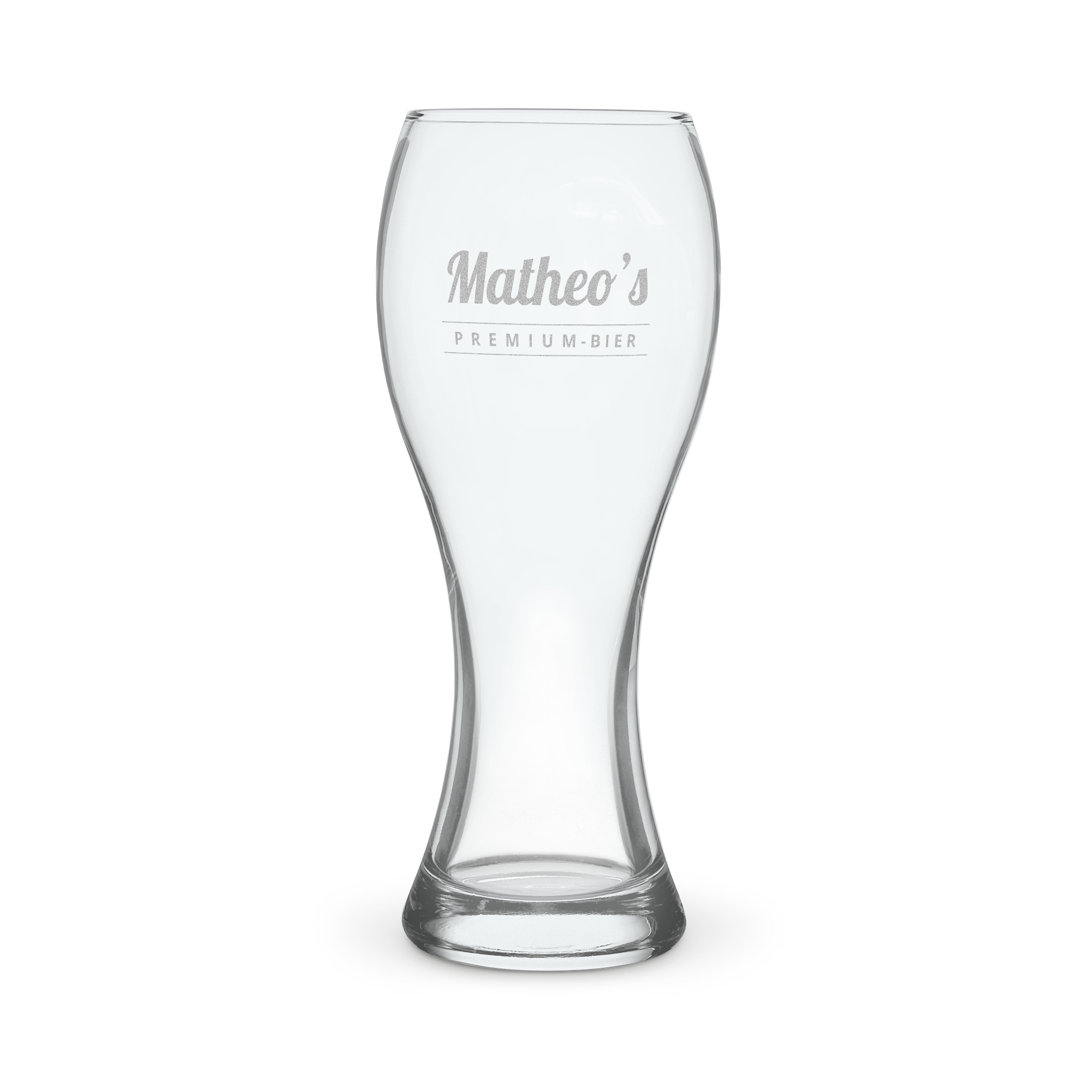 Graviertes Weizenbierglas mit dem Namen Matheo's und "Premium-Bier" als personalisiertes Geschenk