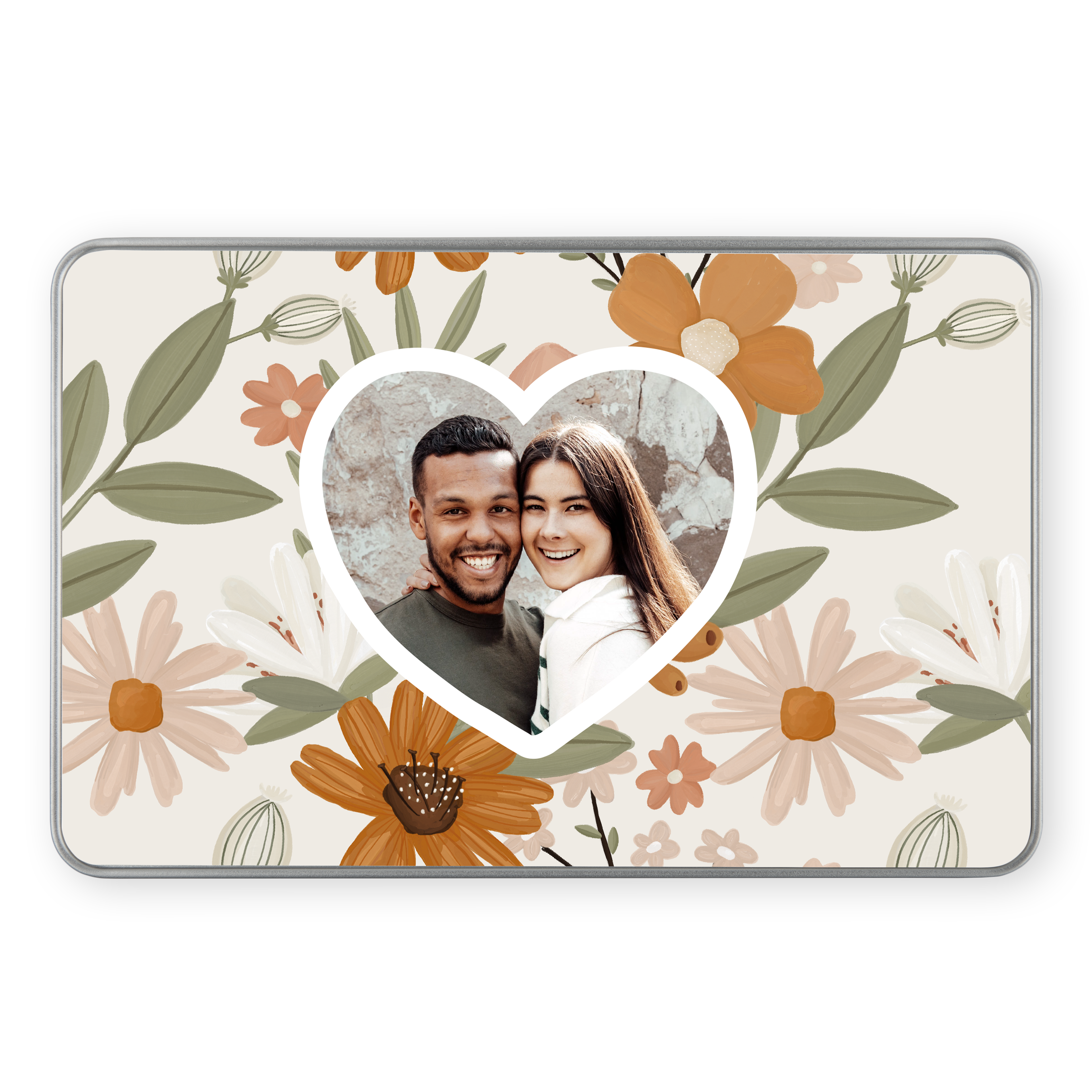 Cutie cadou personalizată, imprimată cu model floral și fotografia unui cuplu, plină cu ciocolată Côte d'Or.