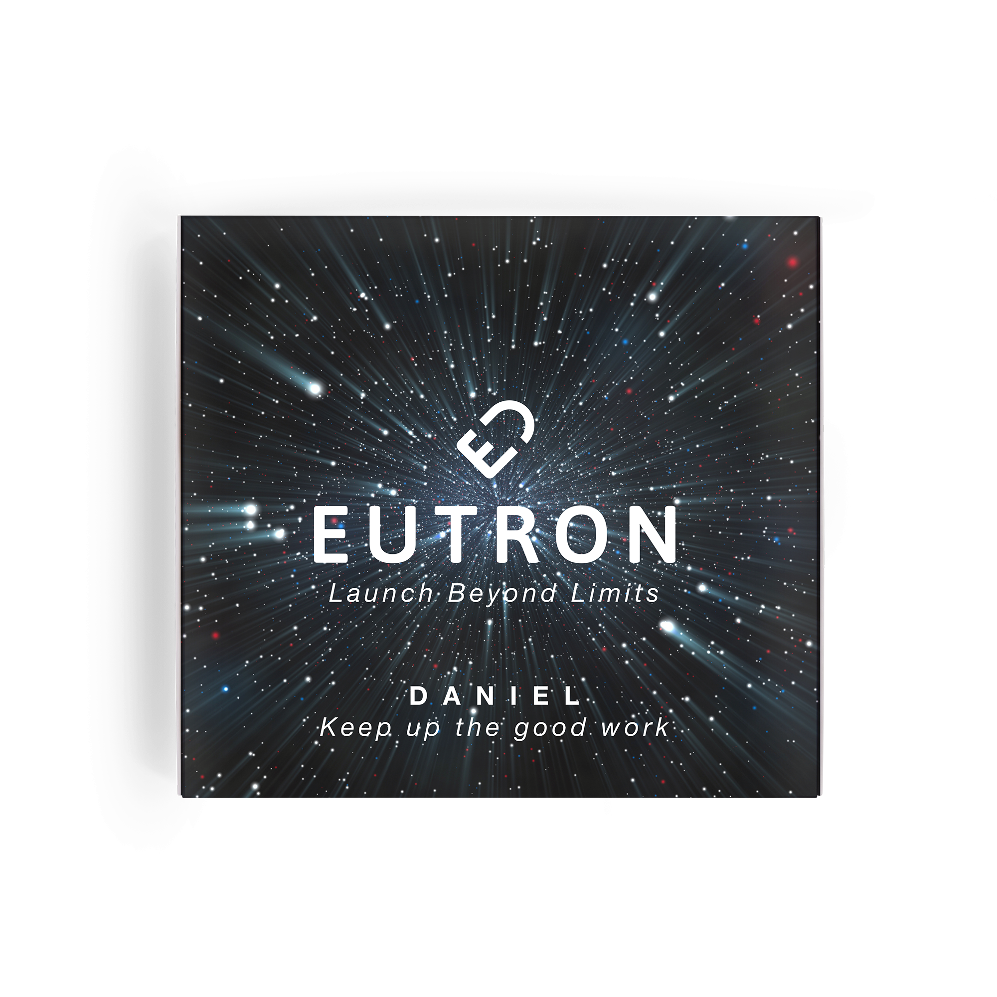 Tony's Chocolonely karamel zeezout reep met gepersonaliseerde wikkel, bedrukt met het logo 'EUTRON', de tekst 'Launch Beyond Limits' en 'DANIEL Keep up the good work'.