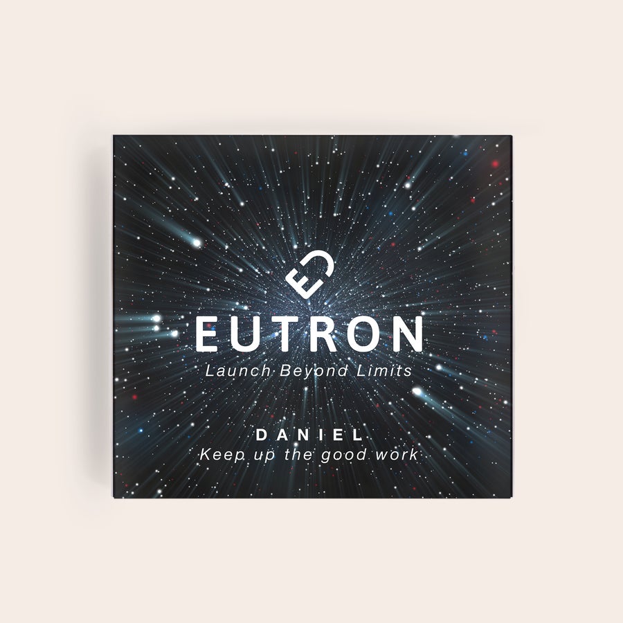 Personalised Tony Chocolonely Chocolate Gift Box - Just because Personalized Tony's Chocolonely gift box with "EUTRON Launch Beyond Limits" and "DANIEL Keep up the good work" printed on a starry background