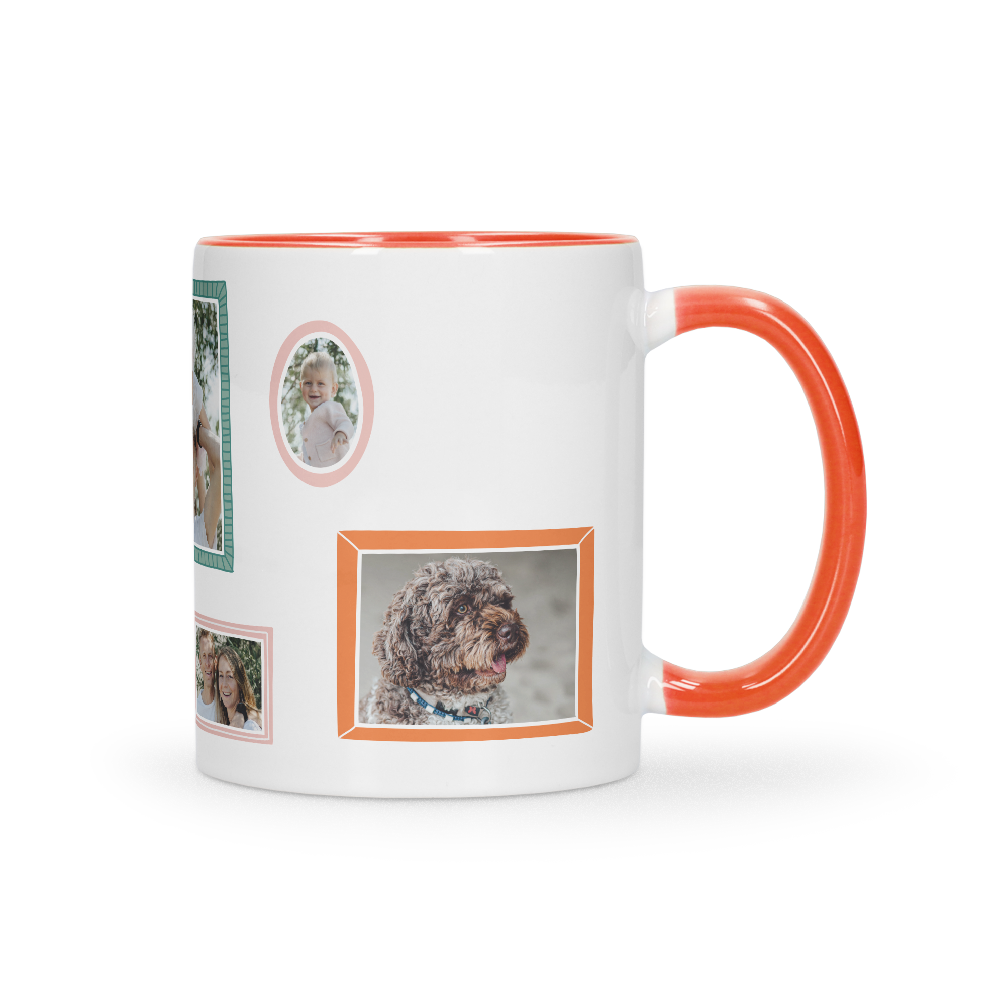 Caneca personalizada para café com fotografias impressas, interior e pega cor-de-laranja.