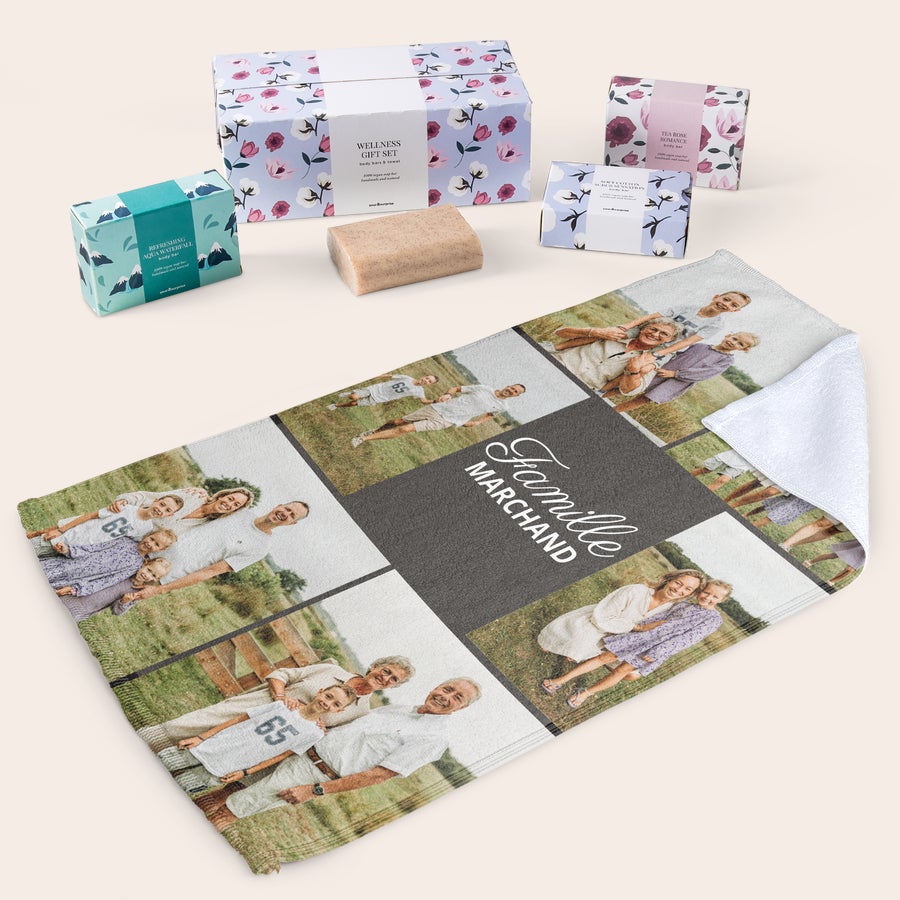 Coffret cadeau savon avec essuie-mains personnalisé Coffret cadeau savon avec essuie-mains personnalisé