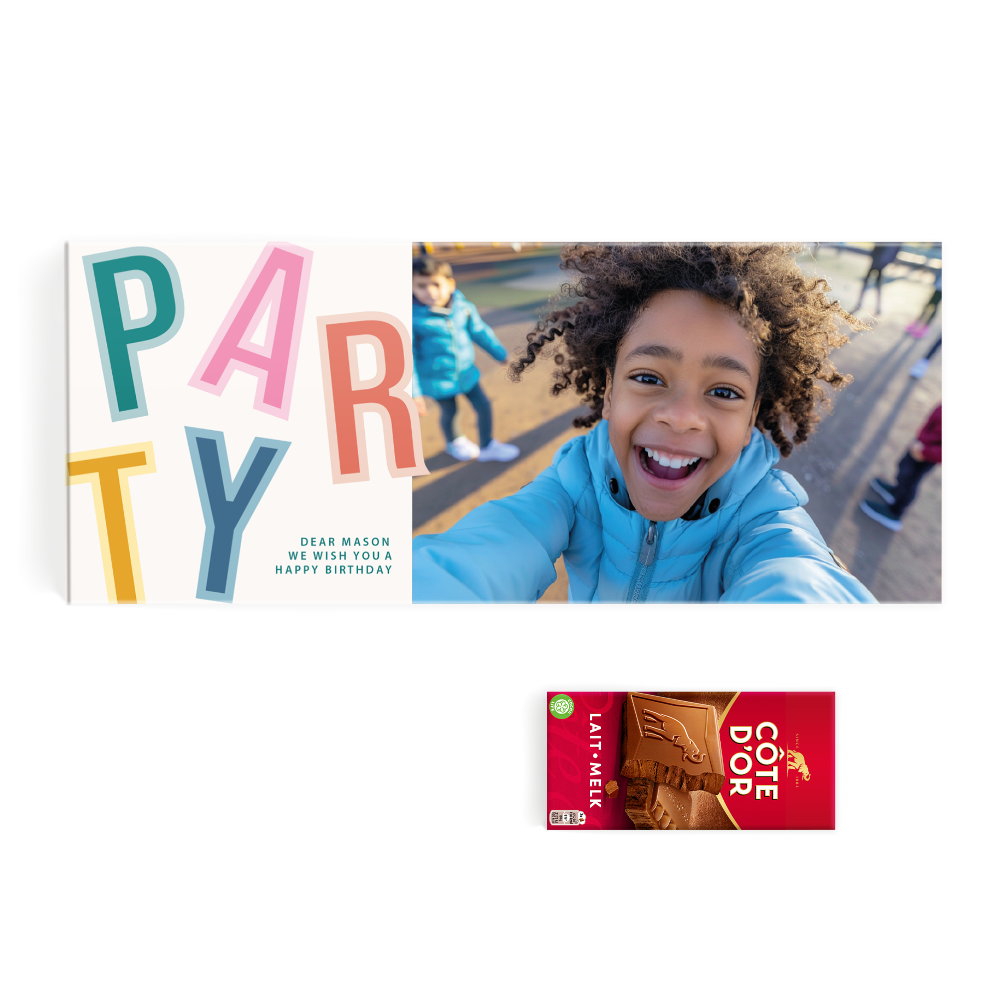 Personliggjort Mega Côte d'Or chokolade med "PARTY" design og et foto printet på emballagen med en fødselsdagshilsen