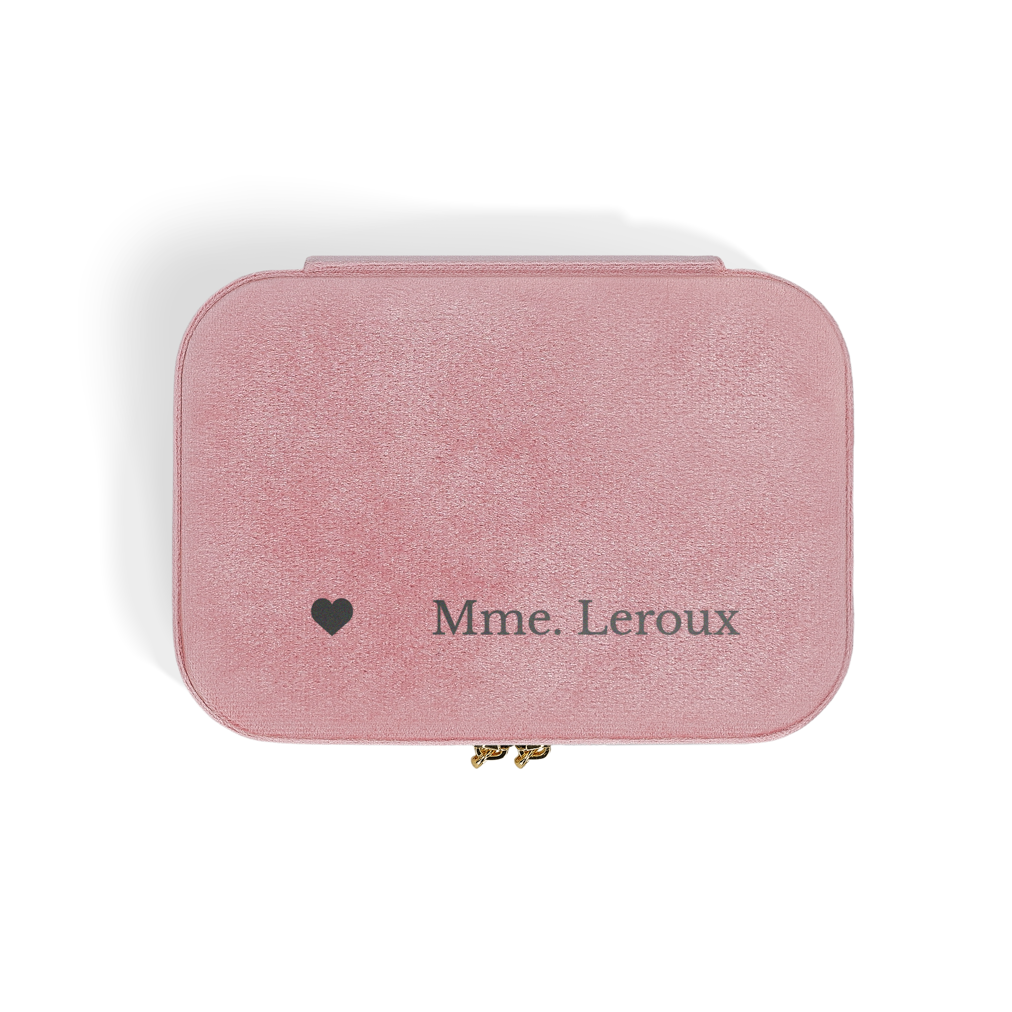 Boîte à bijoux personnalisée prénom - Rectangulaire - Rose, gravée avec le texte Mme. Leroux et un cœur