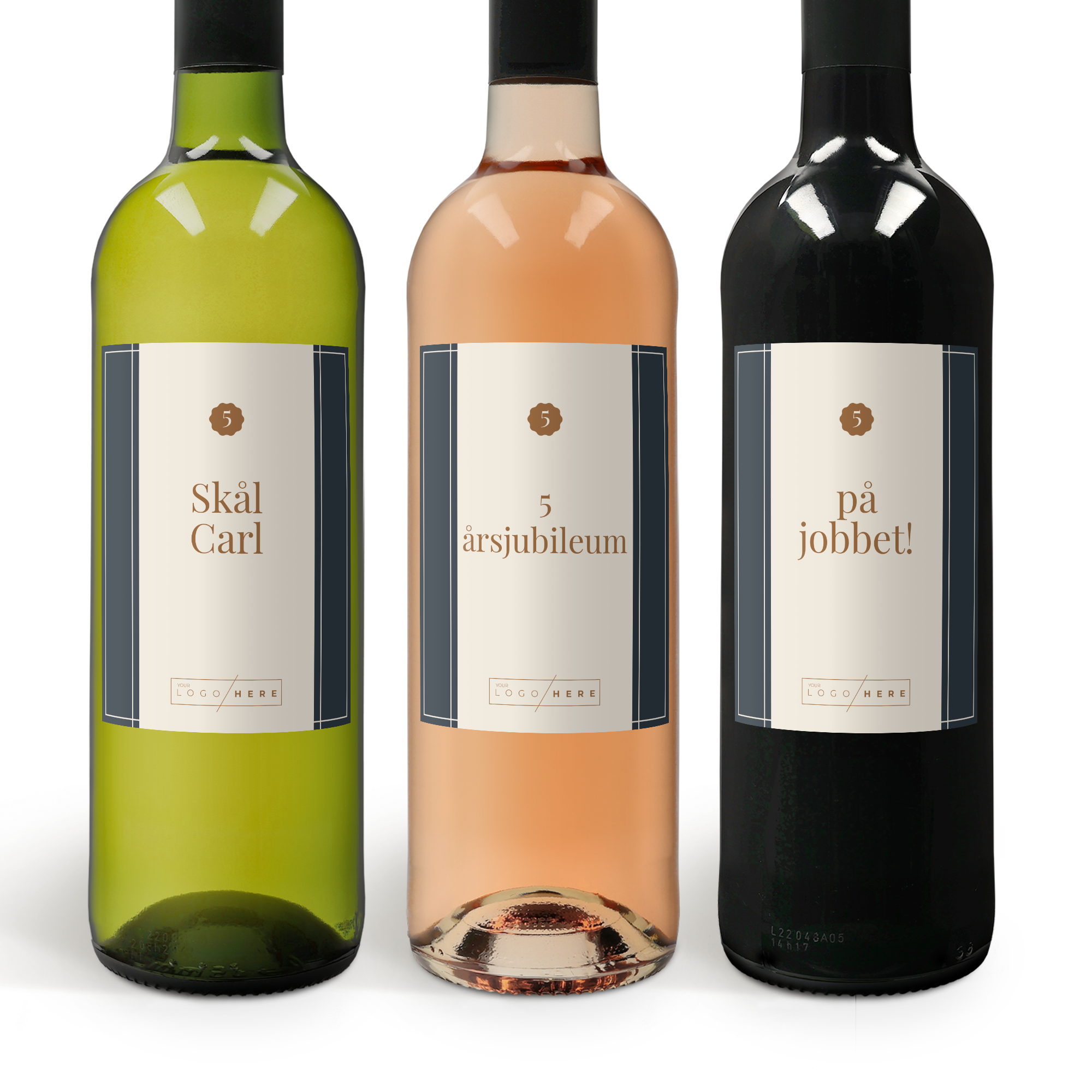 Vitt, rött och rosévin med personliga etiketter, tryckta med Skål Carl, 5-årsjubileum och på jobbet!