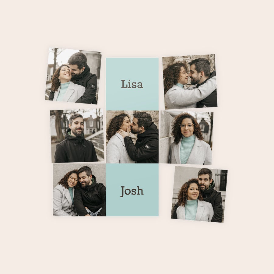 Folha de ímanes Ímãs personalizados com fotos de casal e os nomes "Lisa" e "Josh" impressos. Surpreenda-os com ímanes personalizados com o seu design!