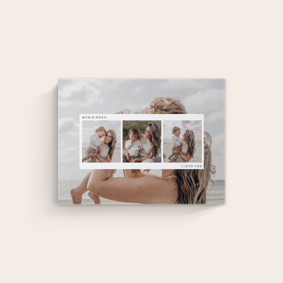 Personalised photo canvas Personalized canvas with photos of a woman and child on the beach, printed with Mum & Noah and I Love You text