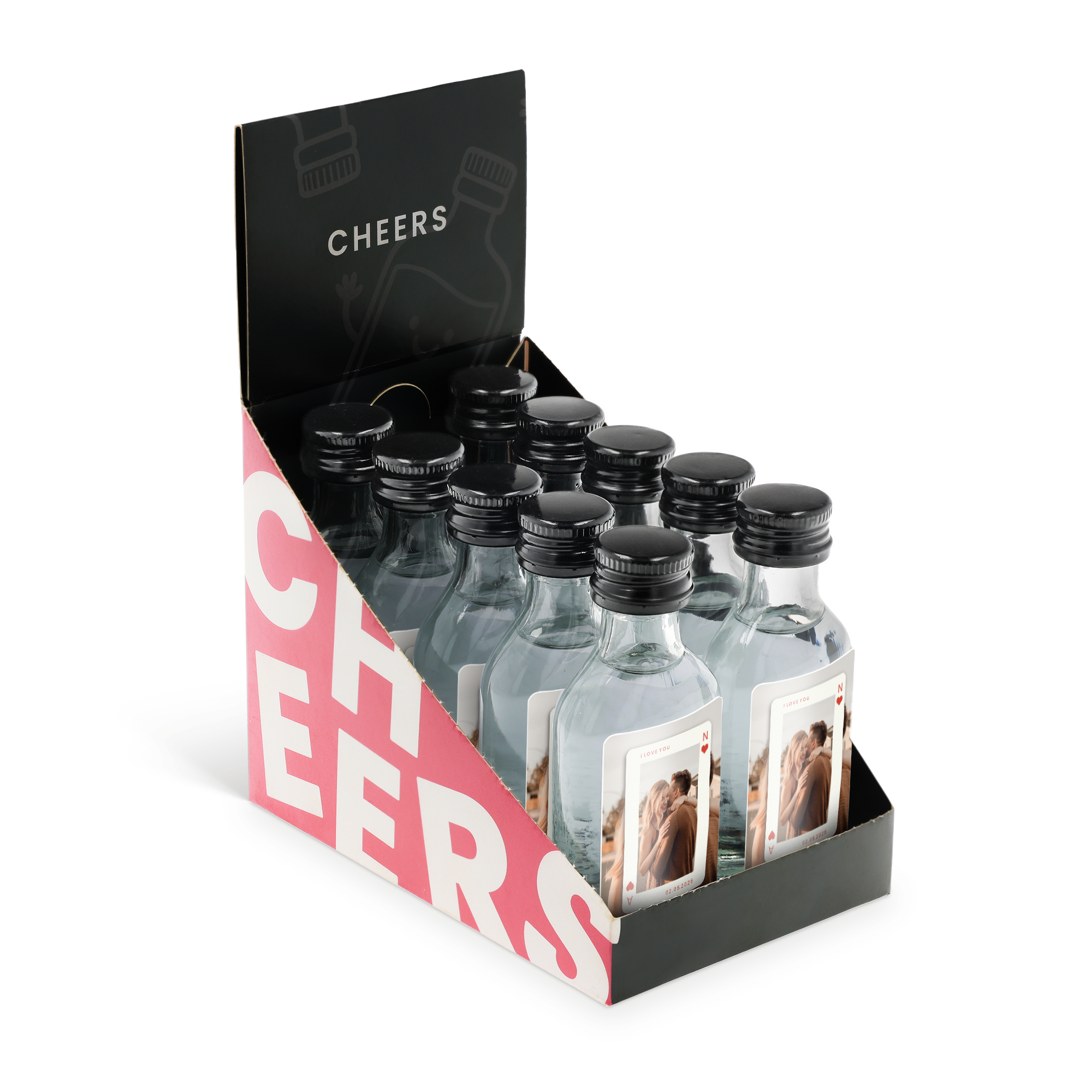 Personalized mini vodka collection with photo printed labels in a Cheers display box