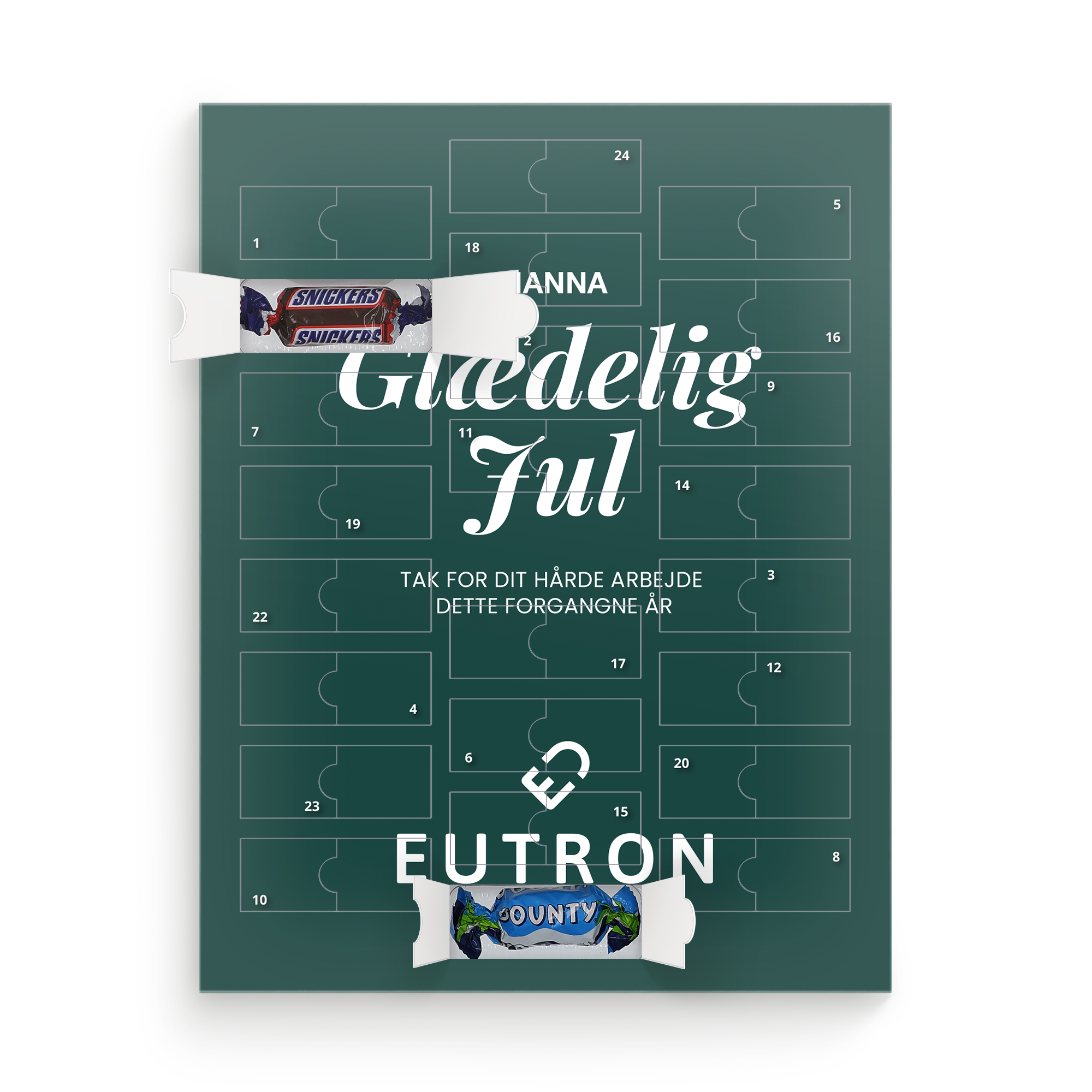 Grøn Mars miniature-adventskalender personliggjort med teksten Glædelig Jul, navn og logo