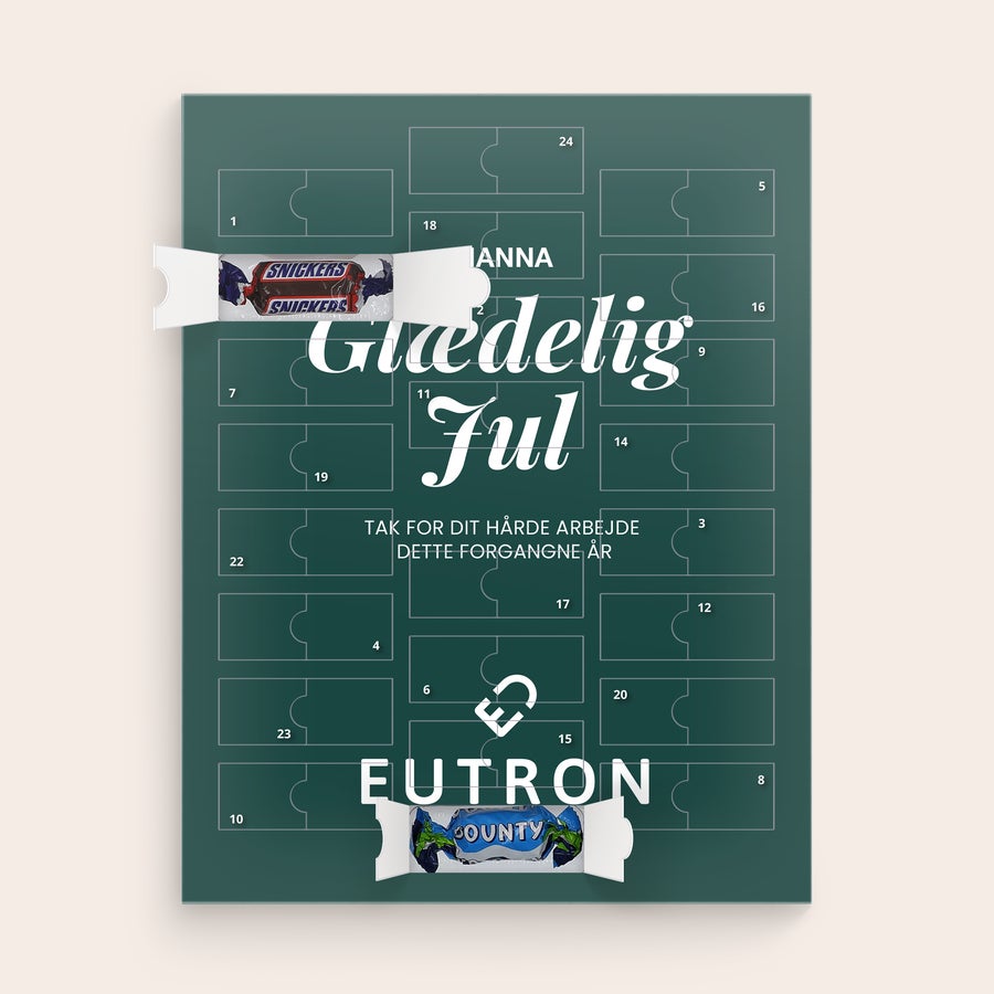 Personlig Mars Miniatures adventskalender Grøn Mars miniature-adventskalender personliggjort med teksten Glædelig Jul, navn og logo