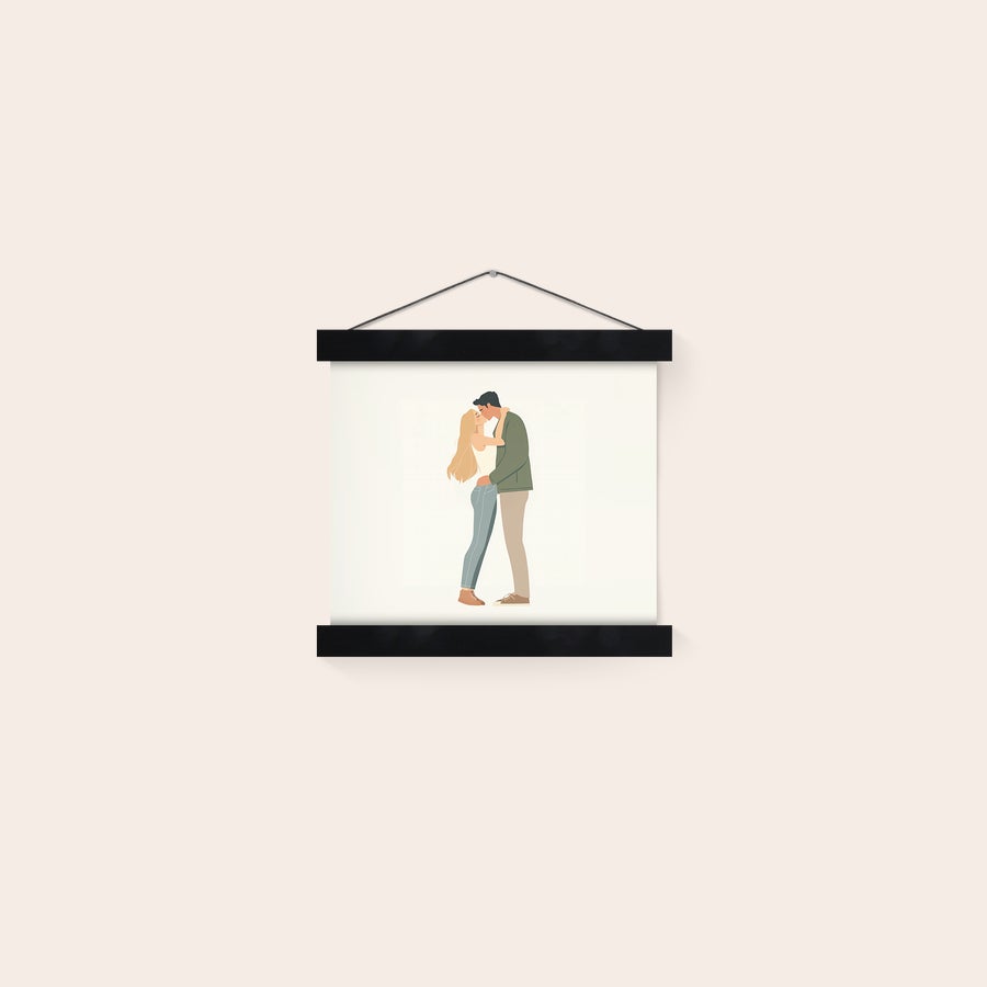 Personalised poster with hanger Custom magnetic poster hanger with a printed photo of a couple kissing