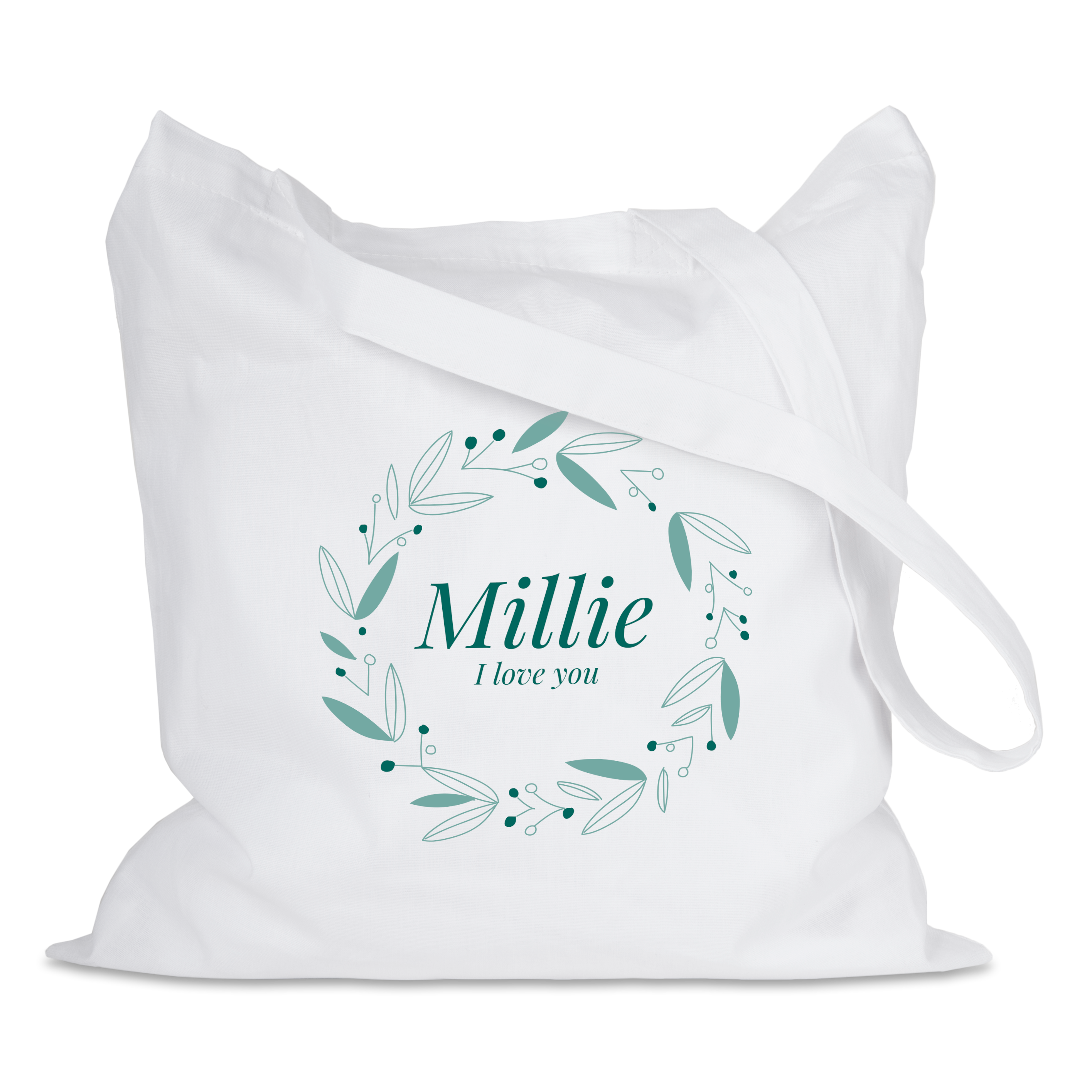 Vit personlig shoppingväska med namnet Millie och texten I love you, tryckt med en grön blomsterkrans.